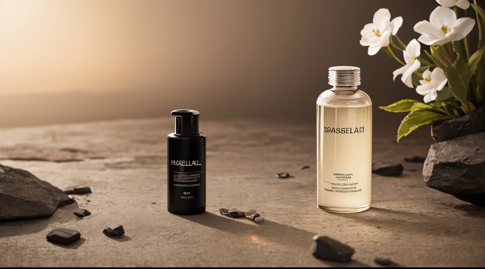 there is a bottle of liquid sitting on a table next to a rock, concept art by Emma Andijewska, tumblr, conceptual art, miniature product photo, infused with aurora borealis, textured base ; product photos, komorebi, professional product photo, close-up product photo, product photography, dramatic product shot, diffused natural skin glow, professional product shot, high-quality product photography, shot on Hasselblad camera, medium format photography, dramatic lighting, beauty brand commercial photography, (shot in studio), (depth of field), (cosmetic bottle), (flower decoration)