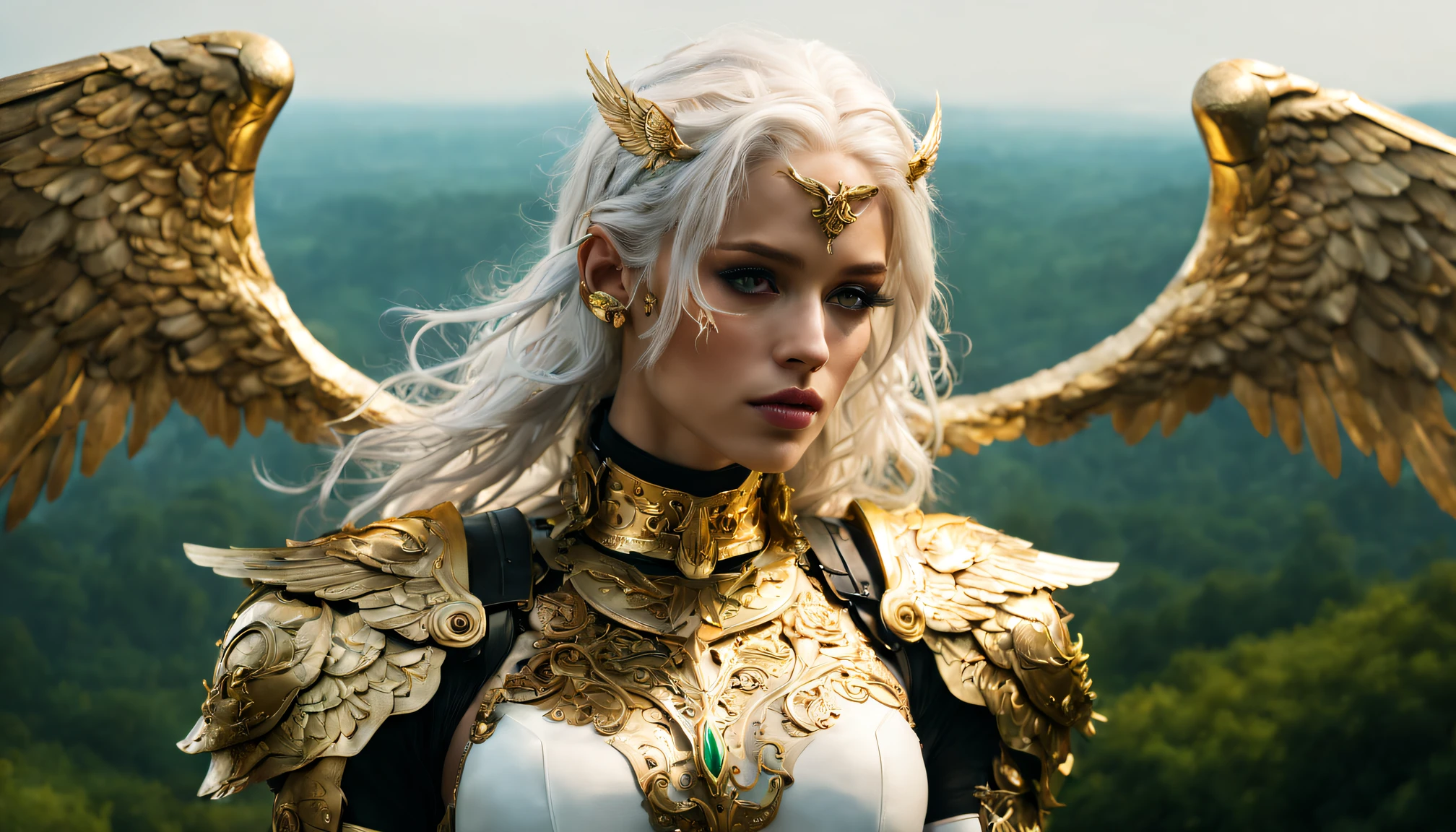 (wide angle),(Aetherpunk style:1.4),8k , ultra quality ,nature, pagan imagery, intricate detailed bright face, beautiful valkyrie ,gold detailed holy gorgeous armor, intricate detailed wide angelic wings on her back,spreading angelic wings wide,utopia,magic,detailed,mages,outdoors,amazing scenery,(highly detailed:1.2),(ultra realism:1.2), realistic, detailed, textured, skin, platinum white hair, green eyes, by Alex Huguet, Mike Hill, Ian Spriggs, JaeCheol Park, Marek Denko ,detailmaster2,more detail XL,(half body image)