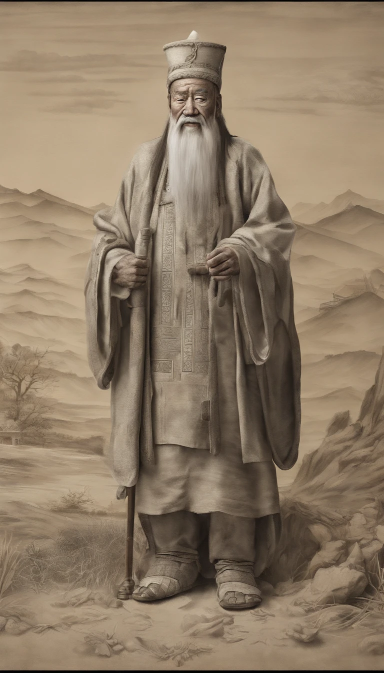 Old Man of the East,Frontal portrait of ancient Chinese figures(Portrait of Confucius 1.0),Audience visual inspection(Lens perspective),Immortal Wind Road Bone,White haired man,hair-bun,no headwear。ginger clothes。Light yellow background(Drawing paper texture 1.5)。hyper HD, retinas, tmasterpiece, Acura, Anatomically correct, Award-Awarded, high high quality, high detal, super detailing, ctextured skin, Best quality at best, A high resolution,k hd, 4K, 8K, 16k。
