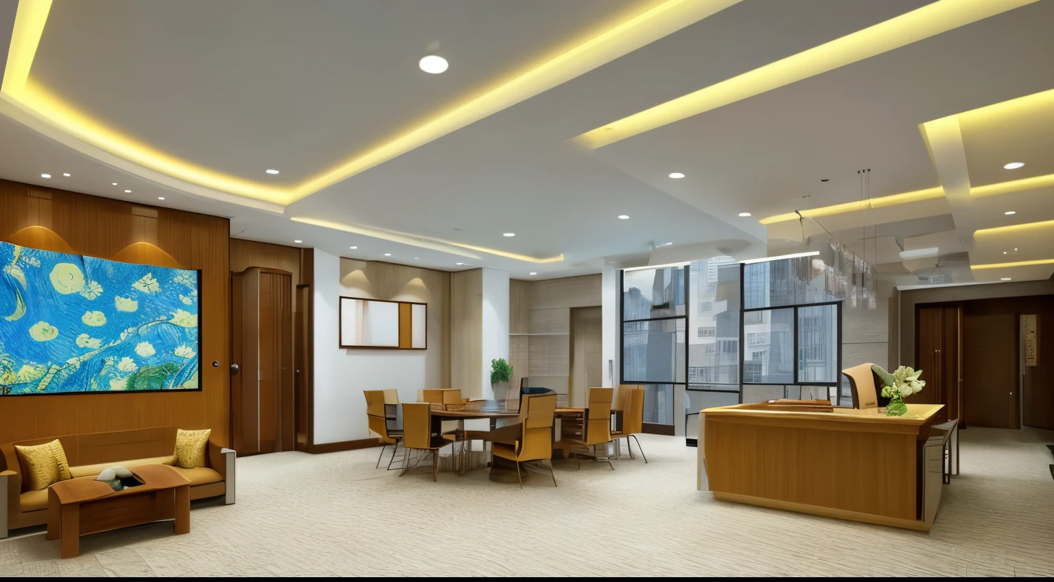 top-quality。Office interior in a modern high-rise building。The floors are carpeted and tiled.、It has a cool design。Space Design((vincent van gogh style))。