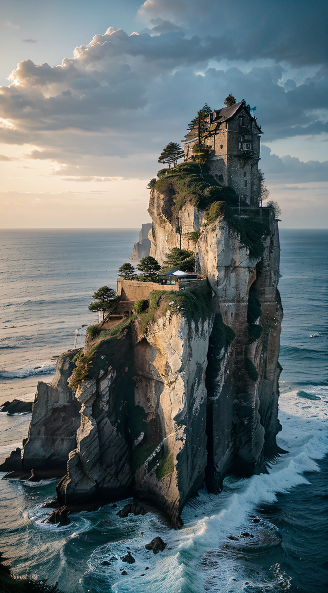 Coastal cliffs in South Korea, A hanok built on a cliff, In the sea below the cliffs, the waves crash against the cliffs, Nightscape, moonlit glow, meteor shower, haze, Dreamy feeling