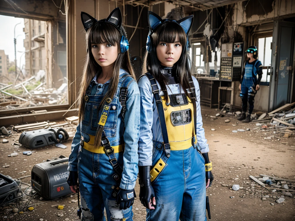 two  girls, dressed in cyberpunk overalls, one piece suits, light blue and yellow, with patches with radioactive emblems, in a apocalyptic ruin with guns next to them, cyberpunk helmets next to them, wearing Cat ears