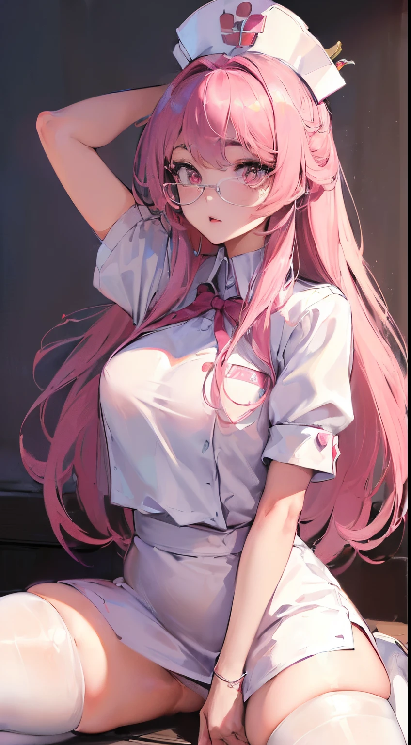 (tmasterpiece, Ultra-high sharpness, Best quality at best:1.4), (The content is very detailed:1.4), realistically, (Center lens:1.5), 1 plump girl, Alone, Long hair with pink bangs, detailed eyes and face, ((spread their legs)), with her mouth open, nurse hat, nurses uniform, (looking at viewert:1.2), mischievous look, peach princess