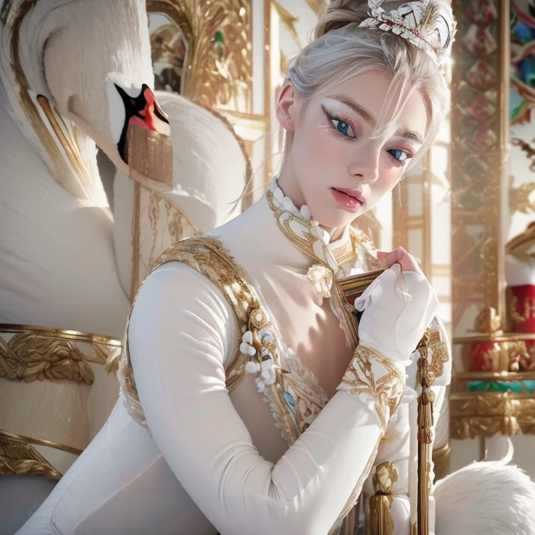 (8k, RAW photo, best quality, homoerotic, looking at viewer, face:1.5), (androgynous male, white swan, nutcracker ballet:1.65)