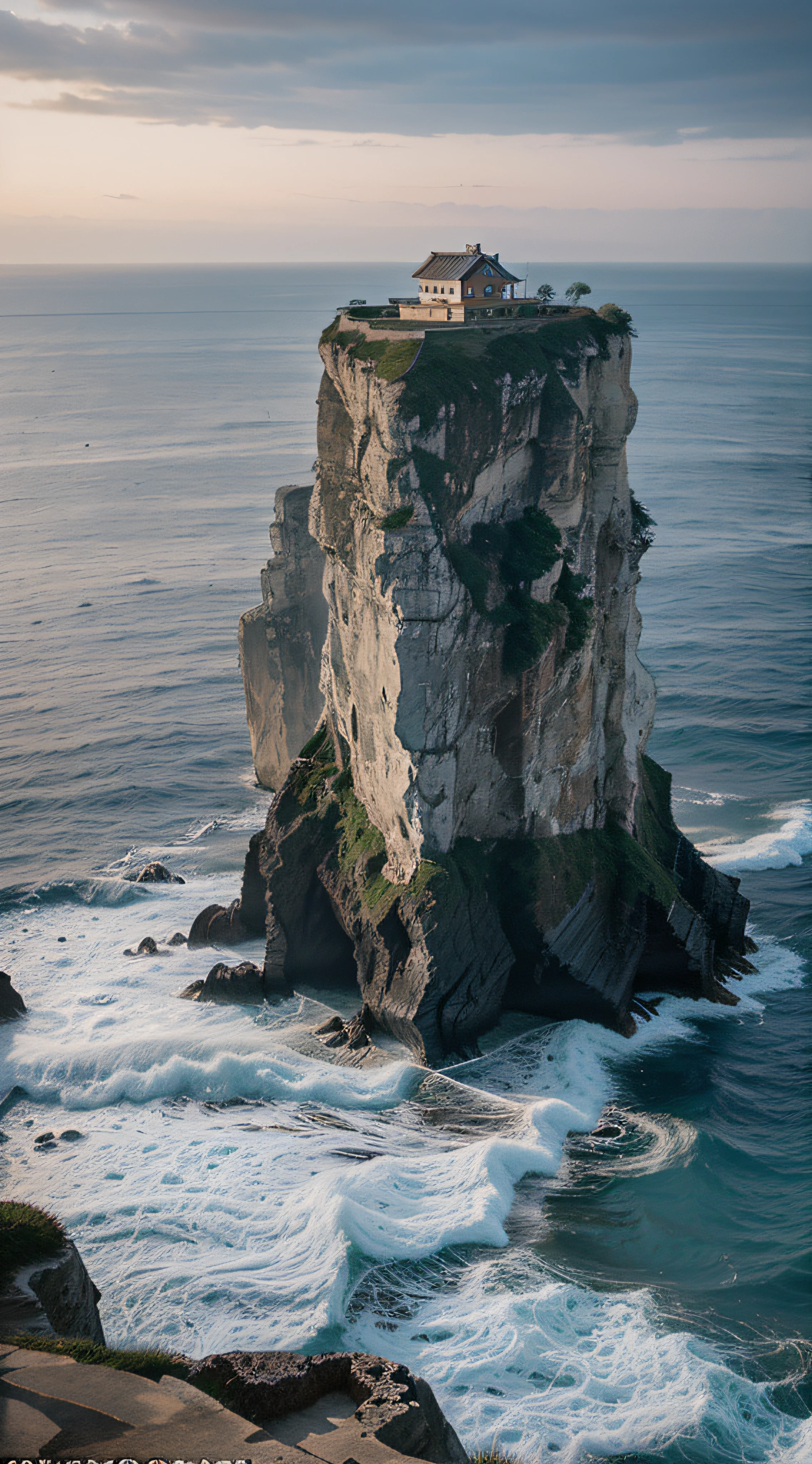 Coastal cliffs in South Korea, A hanok built on a cliff, In the sea below the cliffs, the waves crash against the cliffs, Nightscape, moonlit glow, meteor shower, haze, Dreamy feeling