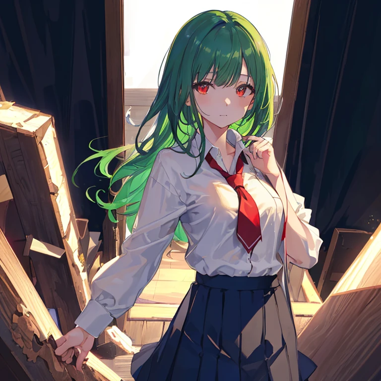1girl in, 独奏, Lori, 小柄,(Night_skyporn), (very_Curta_Green_hair), Hairstyle Bob, (Red_Eyes), Medium_breasts, (white_Shirt:1.5), (windbreaker), (portlate), blazing_Eyes, The background is transparent, ((masterpiece)), (Hi-Res), (best_quality), (highly_Detailed), (Original),(Very detailed 8k wallpaper),cinematlic lighting, Volume Lighting, light Particle, Shaded_Face, Beautiful_Detailed_Eyes, Depth_In the_field、point of view、Shirt、skirt dark blue