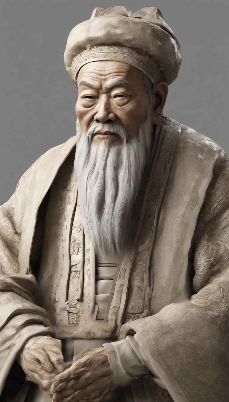 Old Man of the East，Frontal portrait of ancient Chinese figures（Portrait of Confucius 1.0），Audience visual inspection（Lens perspective），White haired man，hair-bun，no headwear。ginger clothes。Light yellow background（Drawing paper texture 1.5）。hyper HD, retinas, tmasterpiece, Acura, Anatomically correct, Award-Awarded, high high quality, high detal, super detailing, ctextured skin, Best quality, A high resolution,k hd, 4K, 8K, 16k。