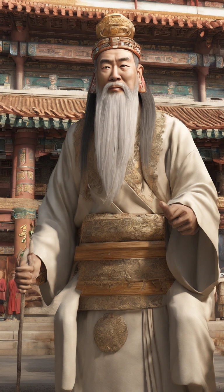 Old Man of the East,Frontal portrait of ancient Chinese figures(Portrait of Confucius 1.0),Audience visual inspection(Lens perspective),White haired man,hair-bun,no headwear。ginger clothes。Light yellow background(Drawing paper texture 1.5)。hyper HD, retinas, tmasterpiece, Acura, Anatomically correct, Award-Awarded, high high quality, high detal, super detailing, ctextured skin, Best quality, A high resolution,k hd, 4K, 8K, 16k。