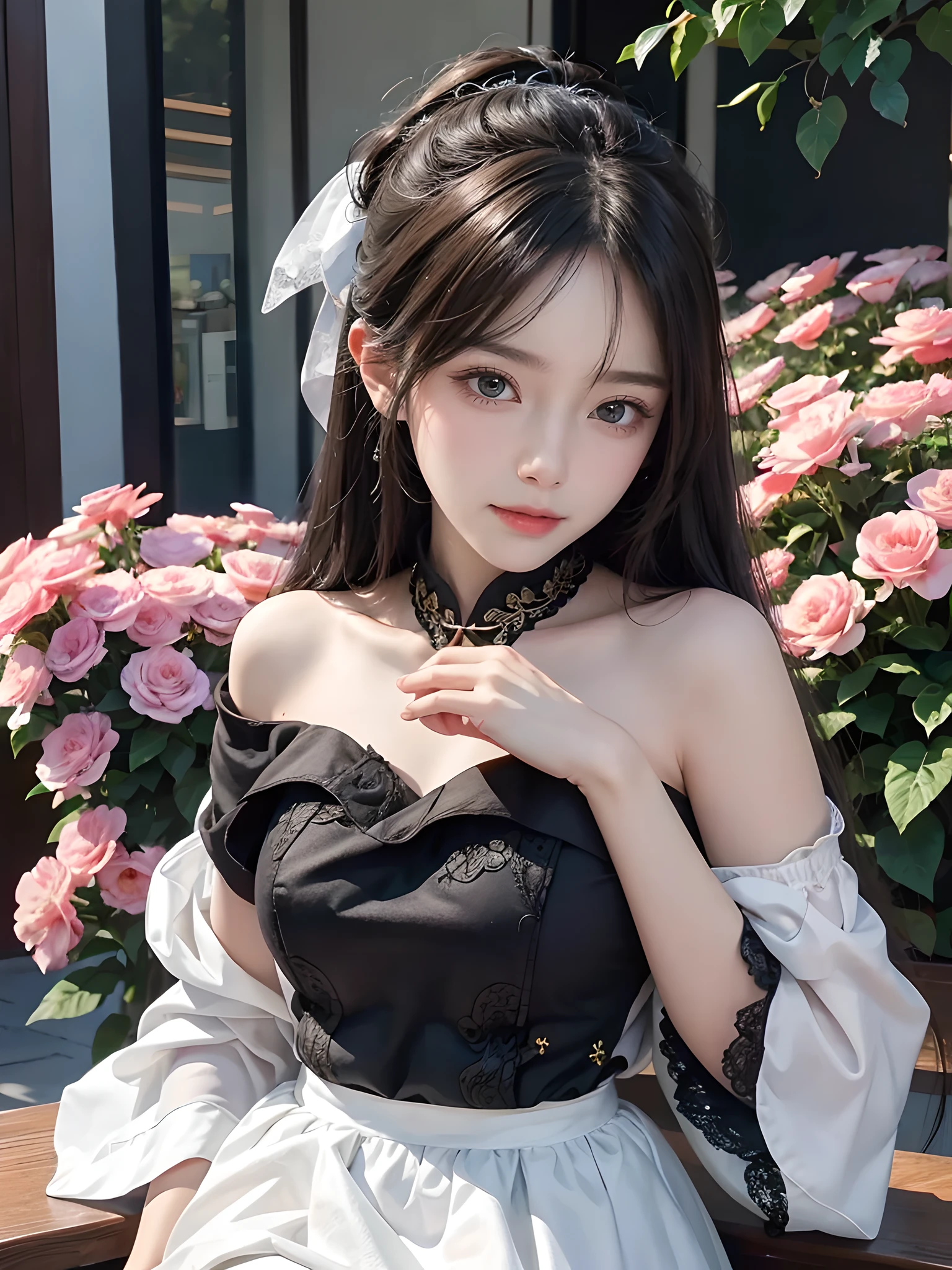 Outdoors, 1 , view from above, upper body whole body, Henri, long hair, half updo, earrings, big boobs, frills, (sleeves past wrists:1.2), upward gaze, shy smile