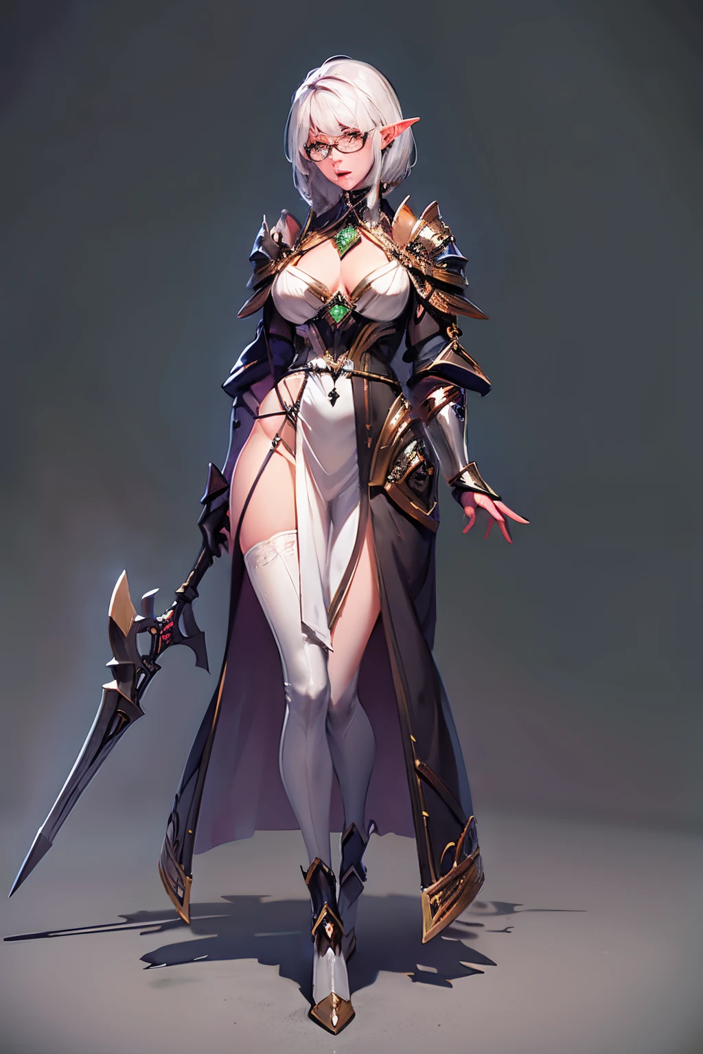 16k, HD, Professional, Highly Detailed, ((Masterpiece: 0.3)), (((High Quality))), Ultra-detailed face, Highly Detailed Lips, Detailed Eyes, full body, 1 female, dark elf, white hair, full body, standing, arms behind back, not clothes, green eyes, slight blush, glasses, black and silver mage robes, thin body, wielding a sniper, futa cock