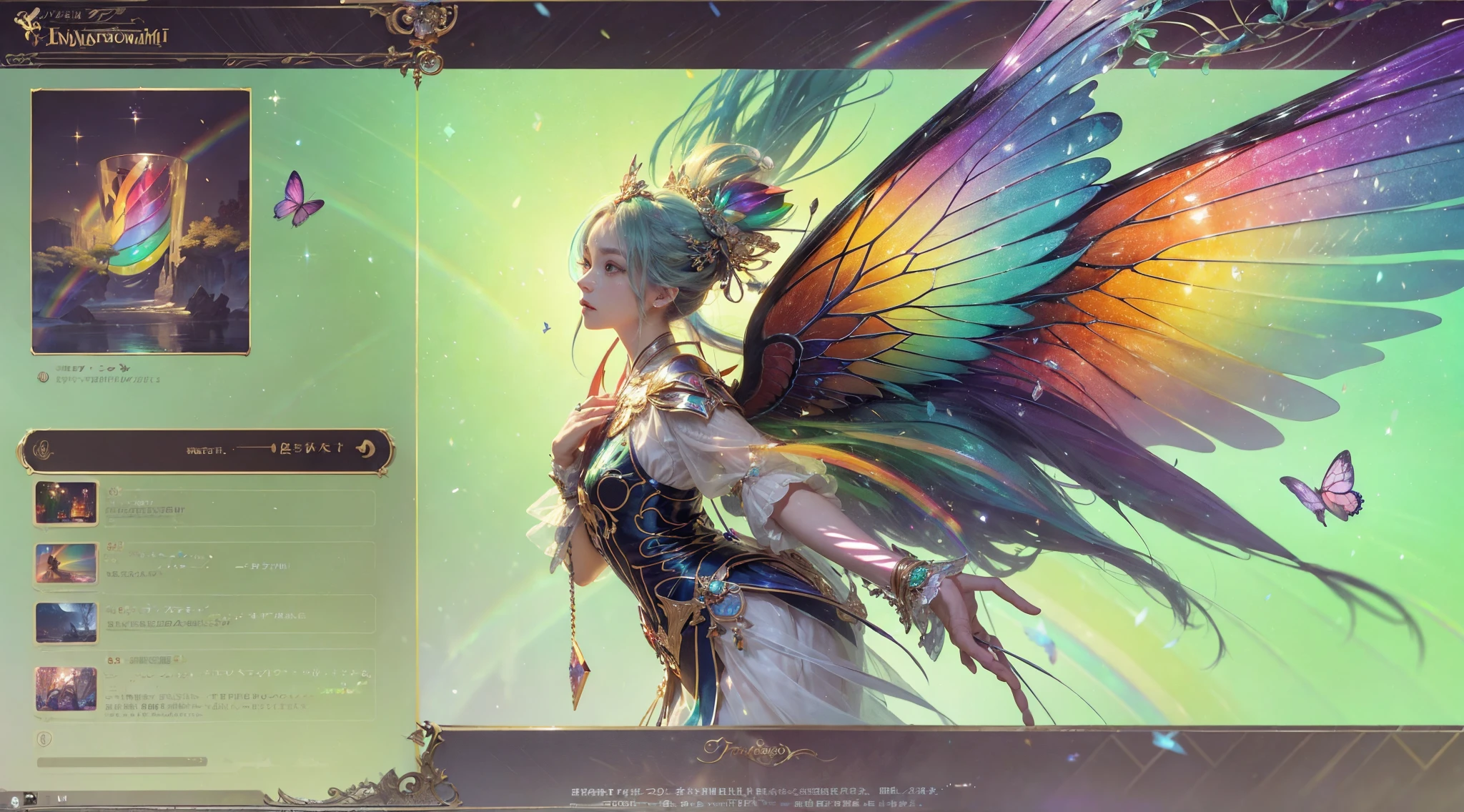 (((tmasterpiece))), (((Best quality))), ((ultra - detailed)),(Highly detailed CG illustration), ((Extremely Delicately Beautiful)),电影lamplight, Imitate the styles of current popular genre masters，Create stunning works of fantasy art. Works should contain myth and fantasy、Fairy tale fantasy elements，And comes in dreamy rainbow colors. ((Use rainbow as primary color scheme.)) The character in the work is a delicate and strong petite figure，Full of mystery and magic， (Beautiful translucent rainbow wings). Pay close attention to intricate facial features, Such as bright colors and eye-catching shadows. 人物&#39;Clothing designs should use tulle feathers, silk dress, Amazing embroidery, and subtle iridescent details. contains an icon (((Translucent rainbow))), dream color, 动态照明, Detailed background elements create a sense of awe and immersion. Includes a colorful flying magical bird and a jewel-toned rainbow butterfly with a magical halo. Consider the latest trends in fantasy art, por exemplo, Incorporate unique lighting effects, Discover dynamic and eye-catching composition techniques, And try a unique color palette. Get inspired by top artists on ArtStation and Midjourney. cameras: Choose an angle that highlights the beauty of the figure and enhances the magical majesty of the artwork. lamplight: Create depth and mood with mood lighting technology. settle down: Pursue high-resolution artwork，Demonstrate intricate detail and clarity. Artistic inspiration: Find inspiration from popular artists on ArtStation, Explore different styles, type, and the theme.