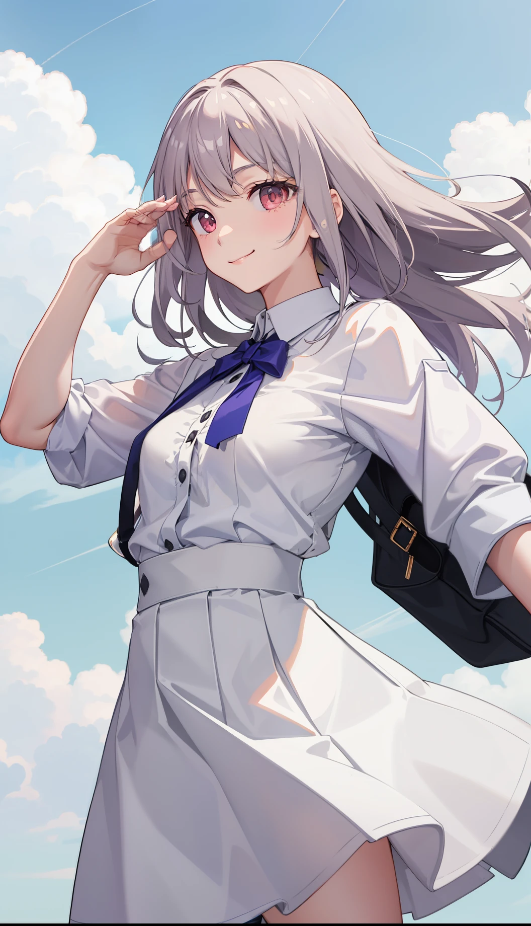1girl in、A smile、light skinned、The shirt、Blouse、(paler)skirt by the、(small tits)Chilarism、movement、Upper body portrait、