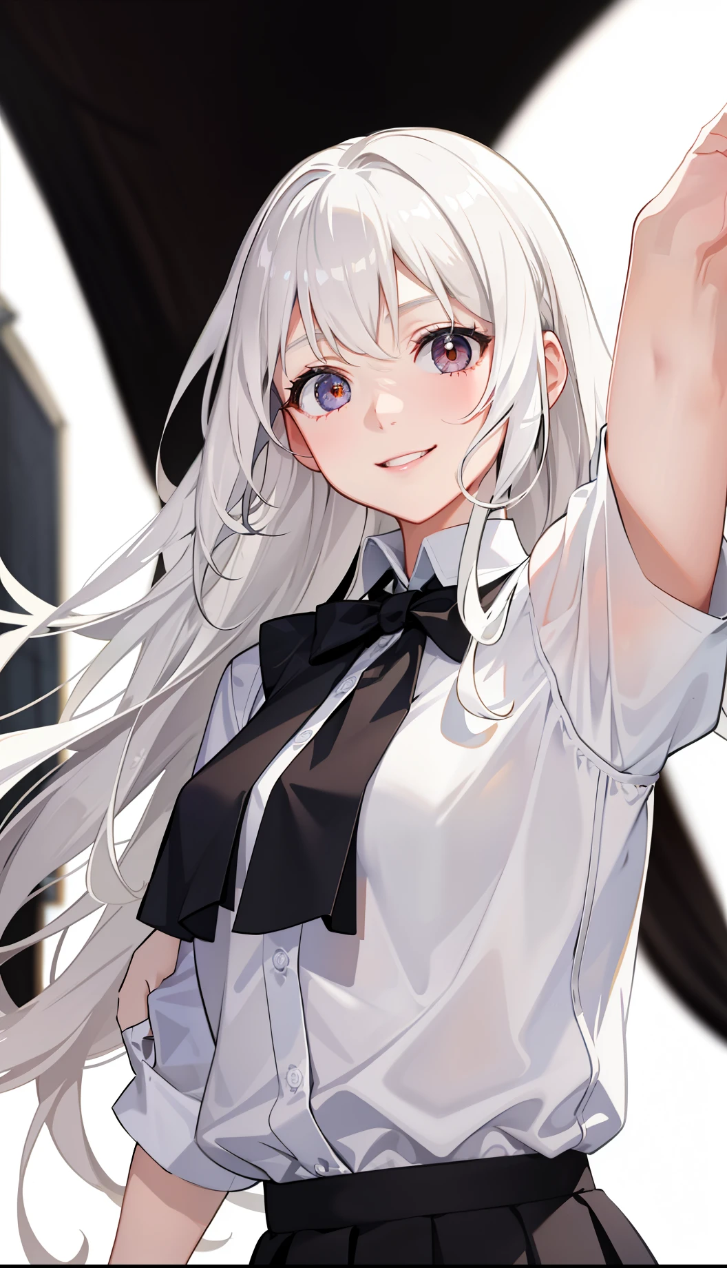 1girl in、A smile、light skinned、The shirt、Blouse、(paler)skirt by the、(small tits)Chilarism、movement、Upper body portrait、