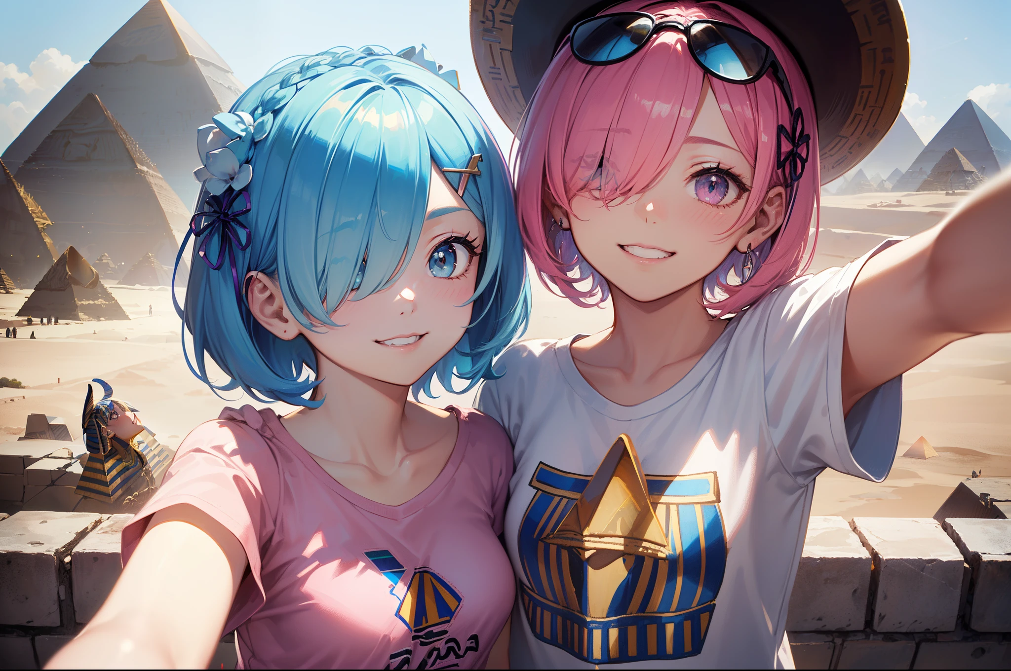 masterpiece, (2girls), couple, ((ram \(re:zero\), (pink hair), (hair tie)), (remrin:0.9), ramchi, (rem_re_zero, (light blue hair), (hair tie)), (short hair:1.5), (hair over one eye:1.3):1.4), (wearing t-shirts and hat and sunglasses:1.75), boobs, (kissing face expression:1.3), (smiling face:1.2), (detailed body, detailed hands, detailed faces:1.3), (selfie:1.45), (egyptian pyramids on the background:1.4)