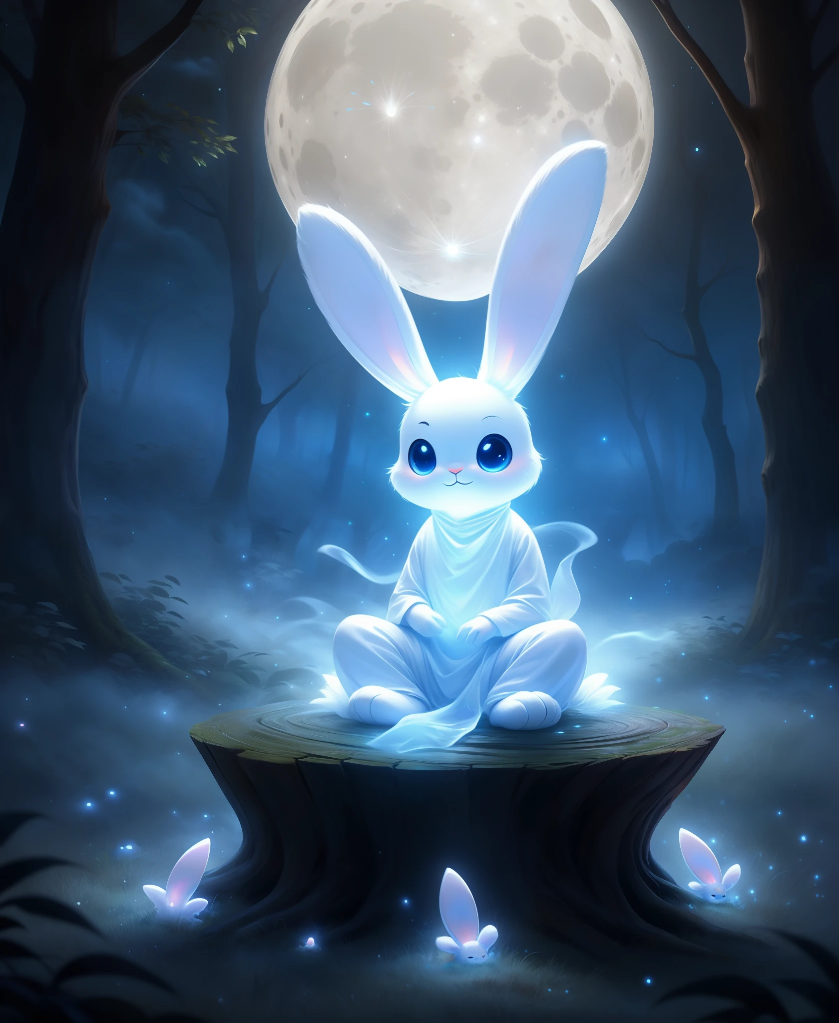 (((ghost bunny ))) cute air creature, sitting on a stump in the night forest, moon light,Magic in the air,Serene and peaceful atmosphere,A hint of fog in the distance,Fabulous quality,endless photorealistic details