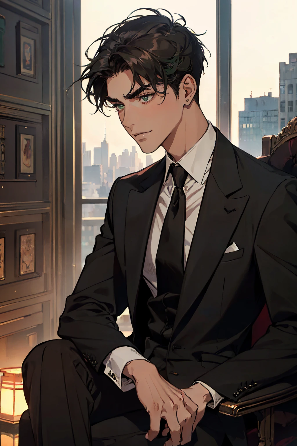 ((a young man in a black suit and tie)), taken in the early 1960s, gotham, alejandro, he looks very sophisticated, (((one-side swept black short hair))), (dark green eyes and thick eyebrows), smirk. ((20 years old)), masterpiece, posture dynamic, ((one man)), ((brown skin))