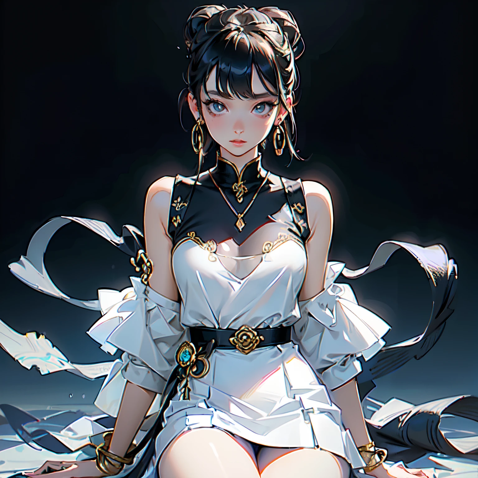 Best Quality, Masterpiece, High definition Niji style, 1girl,Chinese dress,hair ornament,necklace, Jewelry,beatiful face,UPON_body, Tyndall effect,Photorealistic, dark studio, rim lighting, dual tone lighting,(high skin detail:1.2), 8K UHD, dslr, soft-lighting, hiquality, voluminous lighting, candid, a photo of a, High Resolution, 4k, 8K, bokeh, The environment is blurry and elegant, Model, High contrast required, jewels, earings, Upskirt, Shirt, jacket, brown hair, white shirt, A bracelet, hair bun, single hair bun, long skirt, closed mouth, Hoop earrings, blue jacket, sleeves rolled up, Revealing clothes, makeup, white skirt, Detailed hair, very detailed eyes, 3DDM