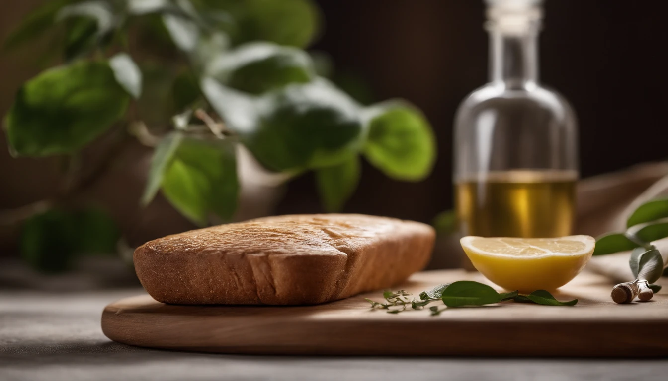 There was a small plate of butter on the table，A couple of loaves of bread, A bottle of olive oil， fork，Garnish with a little green leaves，high quality food photography, styled food photography, food styling, professional food photography, close up food photography, Food photography, Ingredients on the table, food commercial 4 k，Dark still life photography，