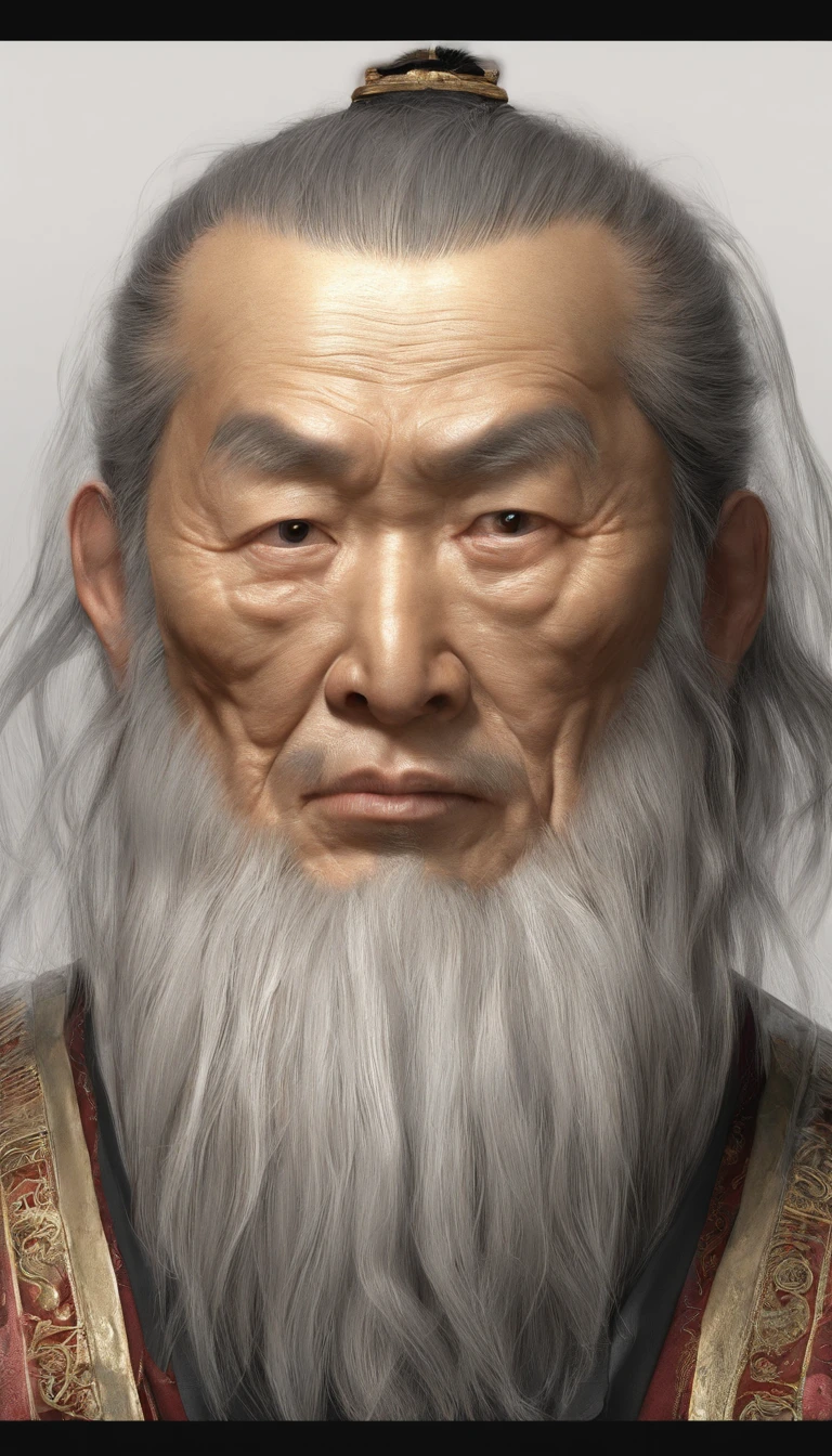 Old Man of the East，Frontal portrait of ancient Chinese figures（Portrait of Confucius 1.0），Audience visual inspection（facing at camera），White haired man，hair-bun，no headwear，Hair tied up。Golden clothes。Light yellow background（Drawing paper texture 1.5）。hyper HD, retinas, tmasterpiece, Acura, Anatomically correct, Award-Awarded, high high quality, high detal, super detailing, ctextured skin, Best quality at best, A high resolution,k hd, 4K, 8K, 16k。