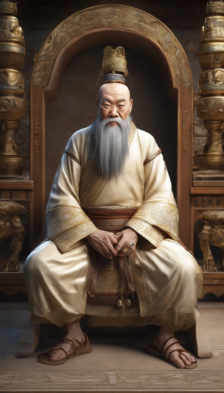 Old Man of the East,Frontal portrait of ancient Chinese figures(Portrait of Confucius 1.0),Audience visual inspection(facing at camera),White haired man,hair-bun,no headwear,Hair tied up。Golden clothes。Light yellow background(Drawing paper texture 1.5)。hyper HD, retinas, tmasterpiece, Acura, Anatomically correct, Award-Awarded, high high quality, high detal, super detailing, ctextured skin, Best quality at best, A high resolution,k hd, 4K, 8K, 16k。