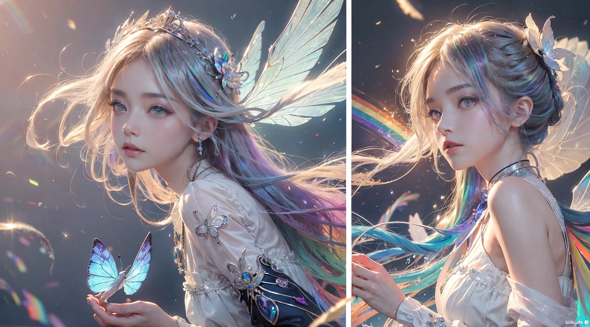 (((tmasterpiece))), (((Best quality at best))), ((ultra - detailed)),(Highly detailed CG illustration), ((Extremely Delicately Beautiful)),电影lamplight, Imitate the styles of current popular genre masters,Create stunning works of fantasy art. Works should contain mythology and fantasy、Fairy tale fantasy elements,And comes in dreamy rainbow colors. ((Use the rainbow as the primary color scheme.)) The character in the work is a delicate and strong petite figure,Full of mystery and magic, (Beautiful translucent rainbow wings). Pay close attention to intricate facial features, Such as bright colors and eye-catching shadows. 人物'Costume design should use tulle feathers, silk dress, Amazing embroidery, and subtle iridescent details. contains an icon (((Translucent rainbow))), dream color, 动态照明, Detailed background elements create a sense of awe and immersion. Includes a colorful flying magical bird and a jewel-toned rainbow butterfly with a magical halo. Consider the latest trends in fantasy art, por exemplo, Incorporate unique lighting effects, Discover dynamic and eye-catching composition techniques, And try a unique color palette. Get inspired by top artists on ArtStation and Midjourney. cameras: Choose an angle that highlights the beauty of the figure and enhances the magical majesty of the artwork. lamplight: Create depth and mood with mood lighting technology. settle down: Pursue high-resolution artwork,Demonstrate intricate detail and clarity. Artistic inspiration: Find inspiration from popular artists on ArtStation, Explore different styles, type, and the theme.