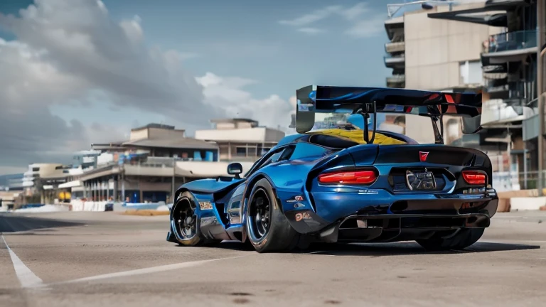 Dodge Viper SRT Custom ultra Wide Body Kit, stylish and menacing, ((rear wing spoiler)), (((royal blue with white alloy wheels))), enhanced wide fender arches, lowered suspension, high performance wheels, (((yellow colour alloys)) and ((dark matte grey body paintwork)), Forza Horizon vibes, shot outdoors, sunset backdrop, cgsociety, artstation, cgi, photorealistic, cinematic lighting, offset noise, ground shadows and reflections, 4k, octane render, unreal engine, unity game art, post apocalyptic cyberpunk design, HDR studio light, tactical bodywork for supreme aerodynamics, full racing suspension, racing seats, symmetrical, race track ready, ostentatious, sci-fi inspired build, neon city backdrop, 3ds max, corona renderer, perfectly coloured, jaw dropping, sensational, menacing look, headlights on, parked in an empty city street, 4k wallpaper, futuristic sci-fi supercar with enormous power, ((on race track background)), up shot angle, dynamic, high spec automotive concept art, 3ds max and Houdini VFX render, reflective lighting, symmetrical design, loosely inspired by George millers mad max fury road, epic design, photorealism