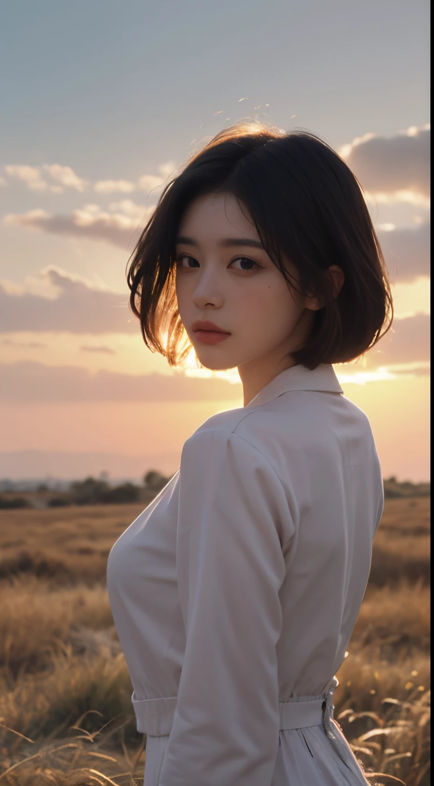 Best Quality,masutepiece,超A high resolution,Photorealistic,Raw photo,Unity 8k壁纸, in a panoramic view, Cinematic lighting,
on grassland, Sunset, Dappled sunlight, Golden Hour Lighting, backlit lighting, the background is blurred, (Lens Flare), Wind, Pastel colors, Soft light,
1girll,short flowing hair, Elegant, Upper body,