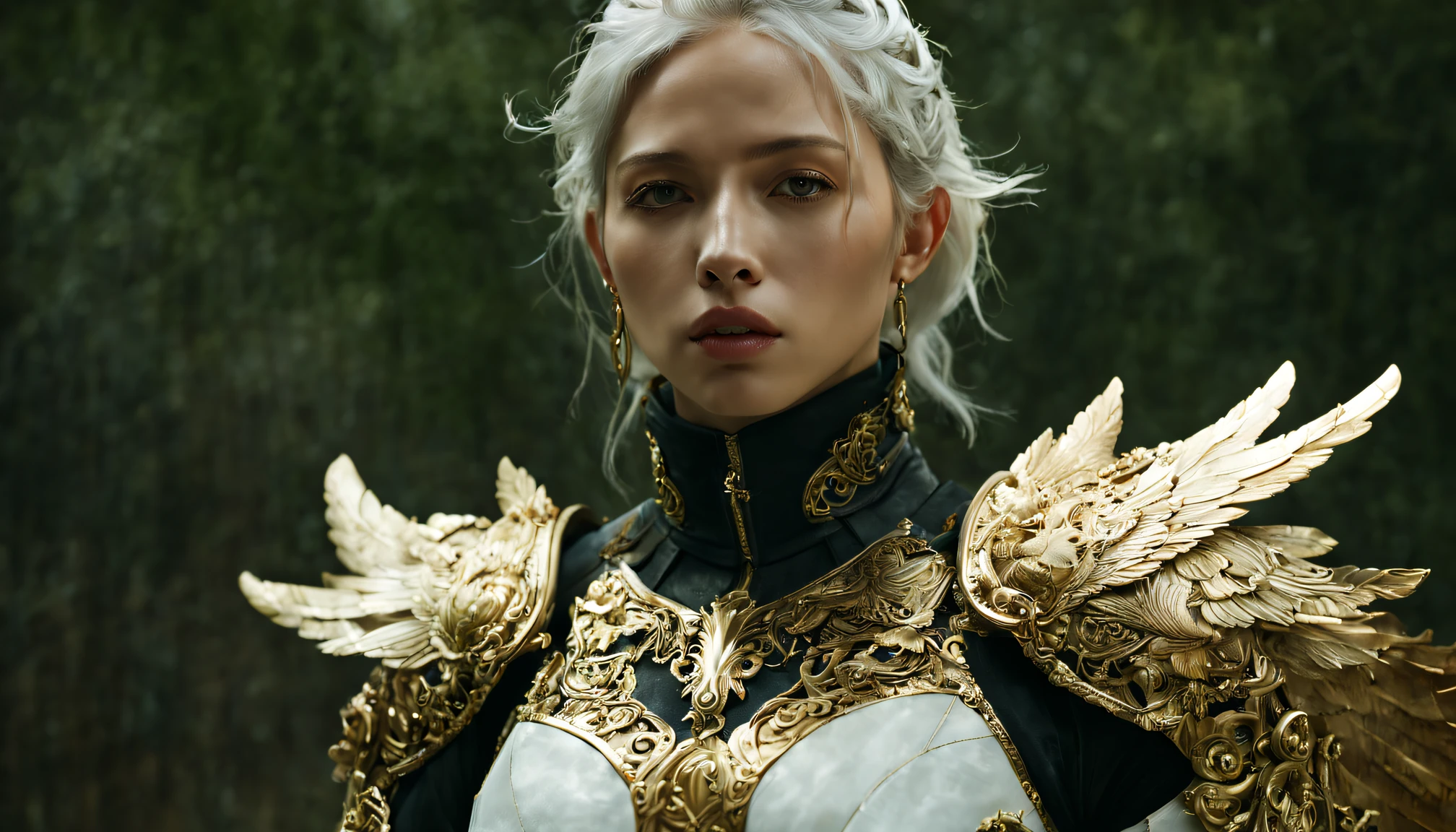 (wide angle),(Aetherpunk style:1.4),8k , ultra quality ,nature, pagan imagery, intricate detailed bright face, beautiful valkyrie ,gold detailed holy gorgeous armor, intricate detailed wide angelic wings on her back,spreading angelic wings wide,utopia,magic,detailed,mages,outdoors,amazing scenery,(highly detailed:1.2),(ultra realism:1.2), realistic, detailed, textured, skin, platinum white hair, green eyes, by Alex Huguet, Mike Hill, Ian Spriggs, JaeCheol Park, Marek Denko ,detailmaster2,more detail XL,(half body image)