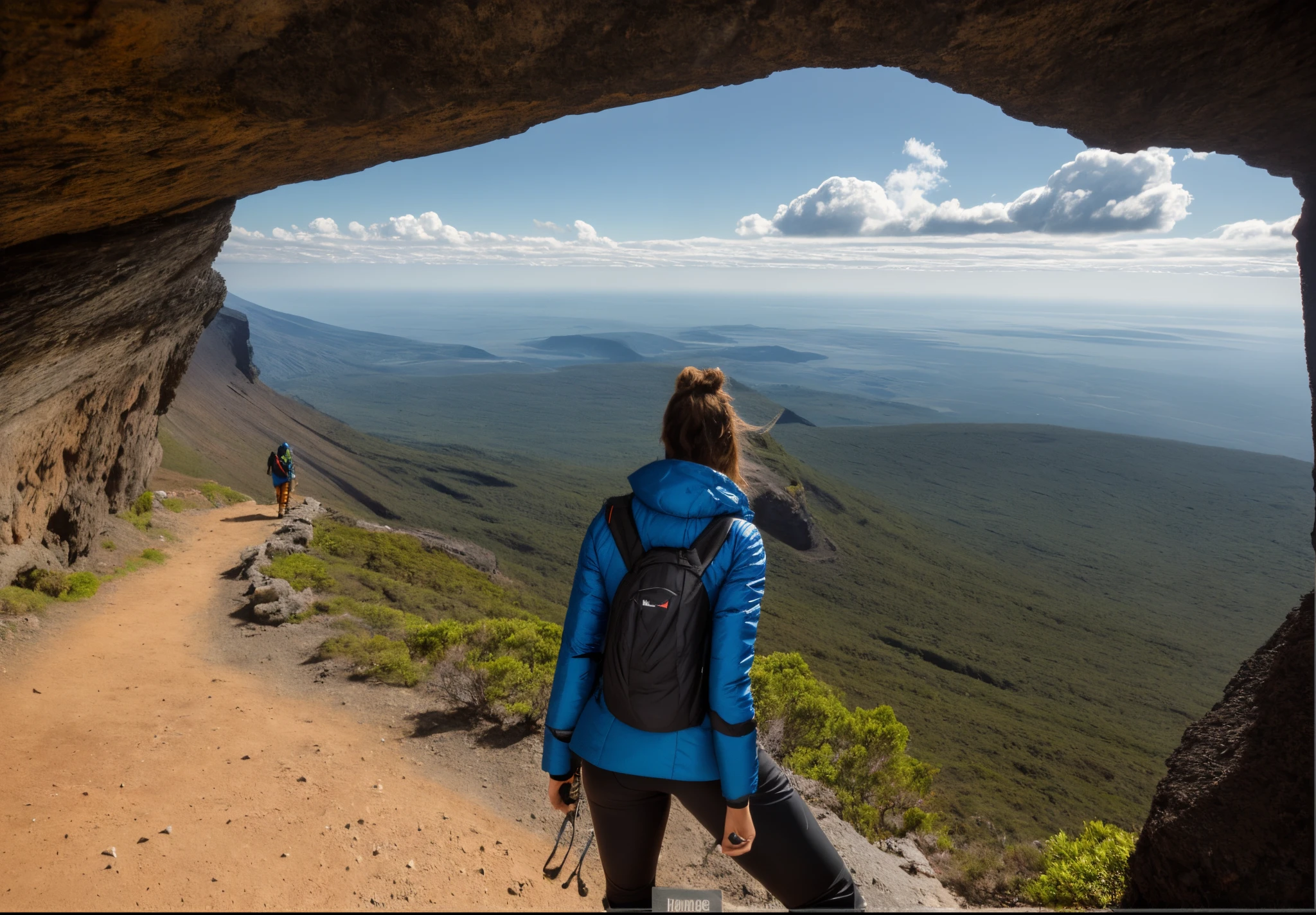 there is a woman standing on a mountain in a blue jacket, nas montanhas, nas montanhas, em um vale de montanha, in a Volcano, in volcano, Em um vale, roupas de caminhada, uma montanha parece uma mulher, edited not Photoshop, girl walking in a canyon, Moutain no fundo, in a scenic background, em frente a uma montanha, amidst nature