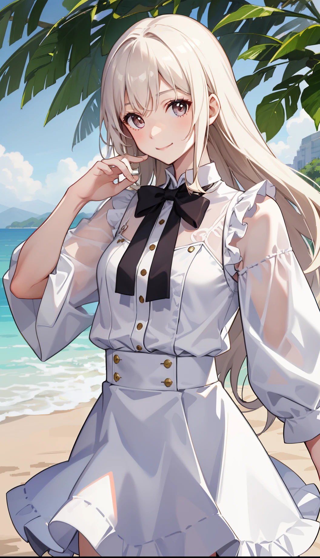 1girl in、A smile、light skinned、The shirt、Blouse、(paler)skirt by the、(small tits)Chilarism、movement、Upper body portrait、