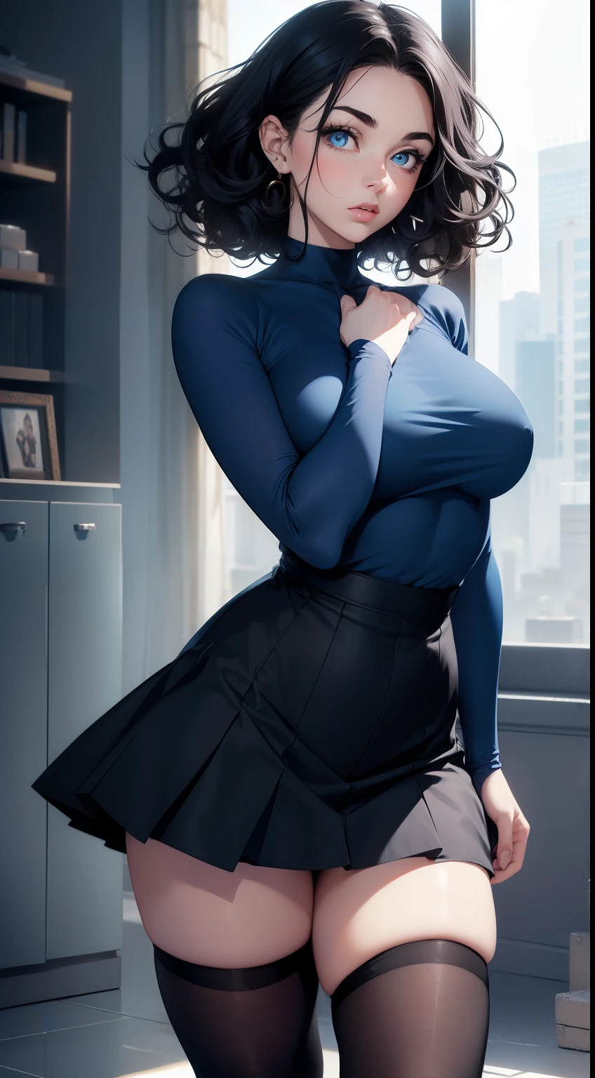 (masterpiece), (best quality), (realistic), realistic girl, adult, pale skin, blue eyes, big curly black hair, eyebrow, nose, ear, mouth, lips, neck, shoulders, medium chest, (blue shirt , short black skirt, tight tights), waist, thick legs, thick thighs, (light blue background)