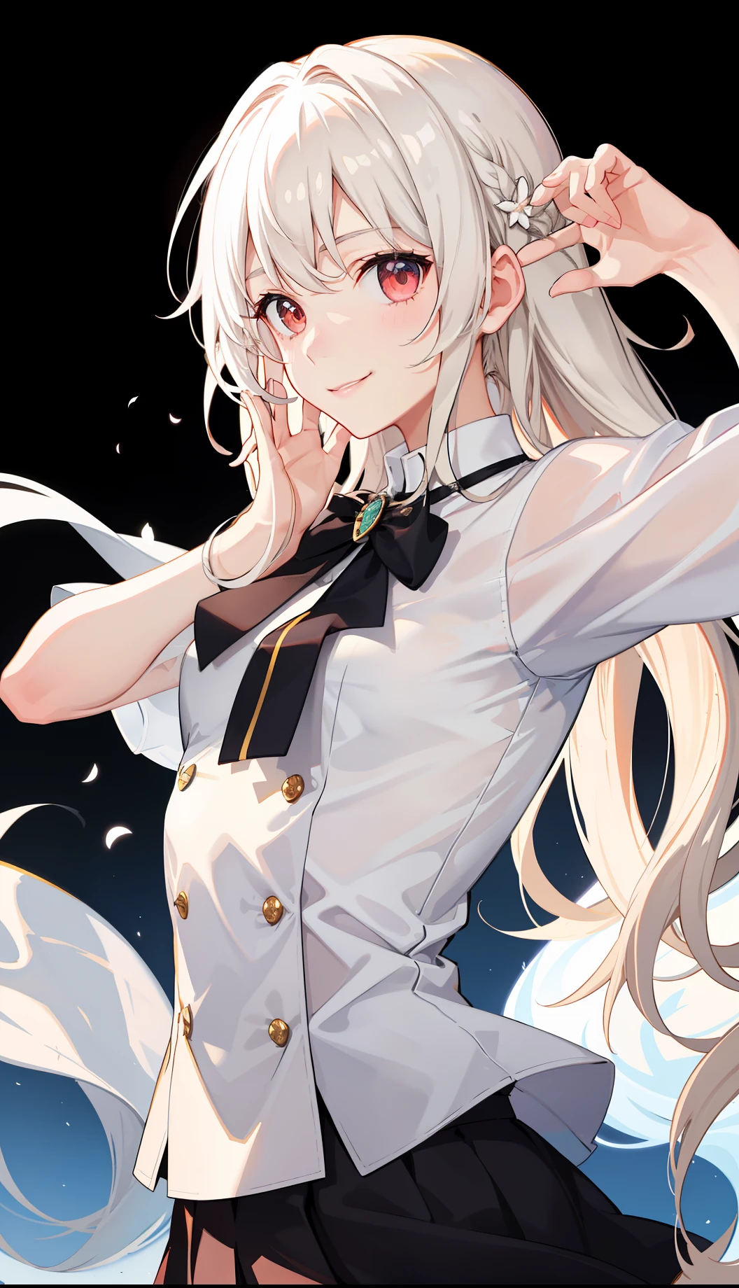 1girl in、A smile、light skinned、The shirt、Blouse、（paler）skirt by the、（small tits）Chilarism、movement、Upper body portrait、