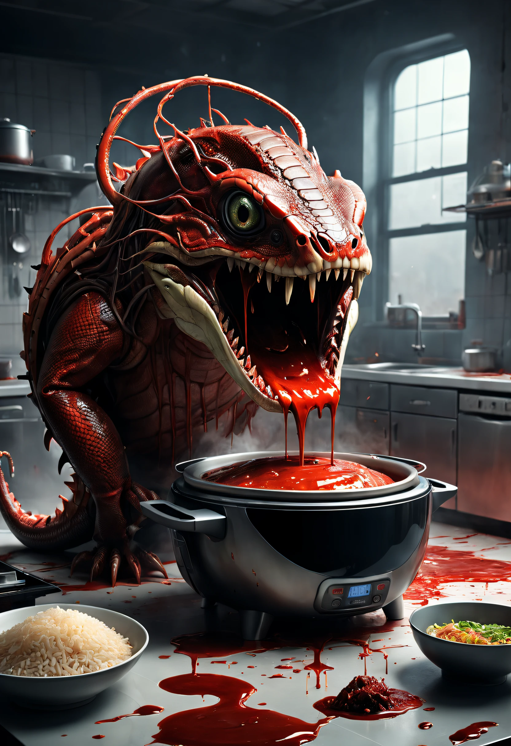 dennis ruston style，Creative product design，Very unified CG,（python shaped rice cooker），Complicated details，（Sci-fi python monster），(A lot of blood)，，
Background with：kitchen wasteland, sci fi art, ，Excellent，Excellent，hyper realisitc，Thriller，