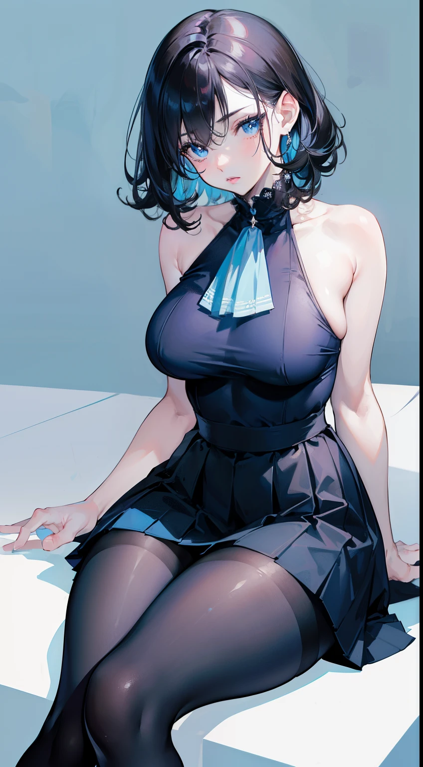 (masterpiece), (best quality), (realistic), realistic girl, adult, pale skin, blue eyes, big curly black hair, eyebrow, nose, ear, mouth, lips, neck, shoulders, medium chest, (blue shirt , short black skirt, tight tights), waist, thick legs, thick thighs, (light blue background)