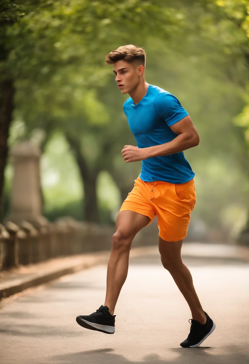 Shirtless 18yo slim athletic twink wearing jeans shorts in panic. running