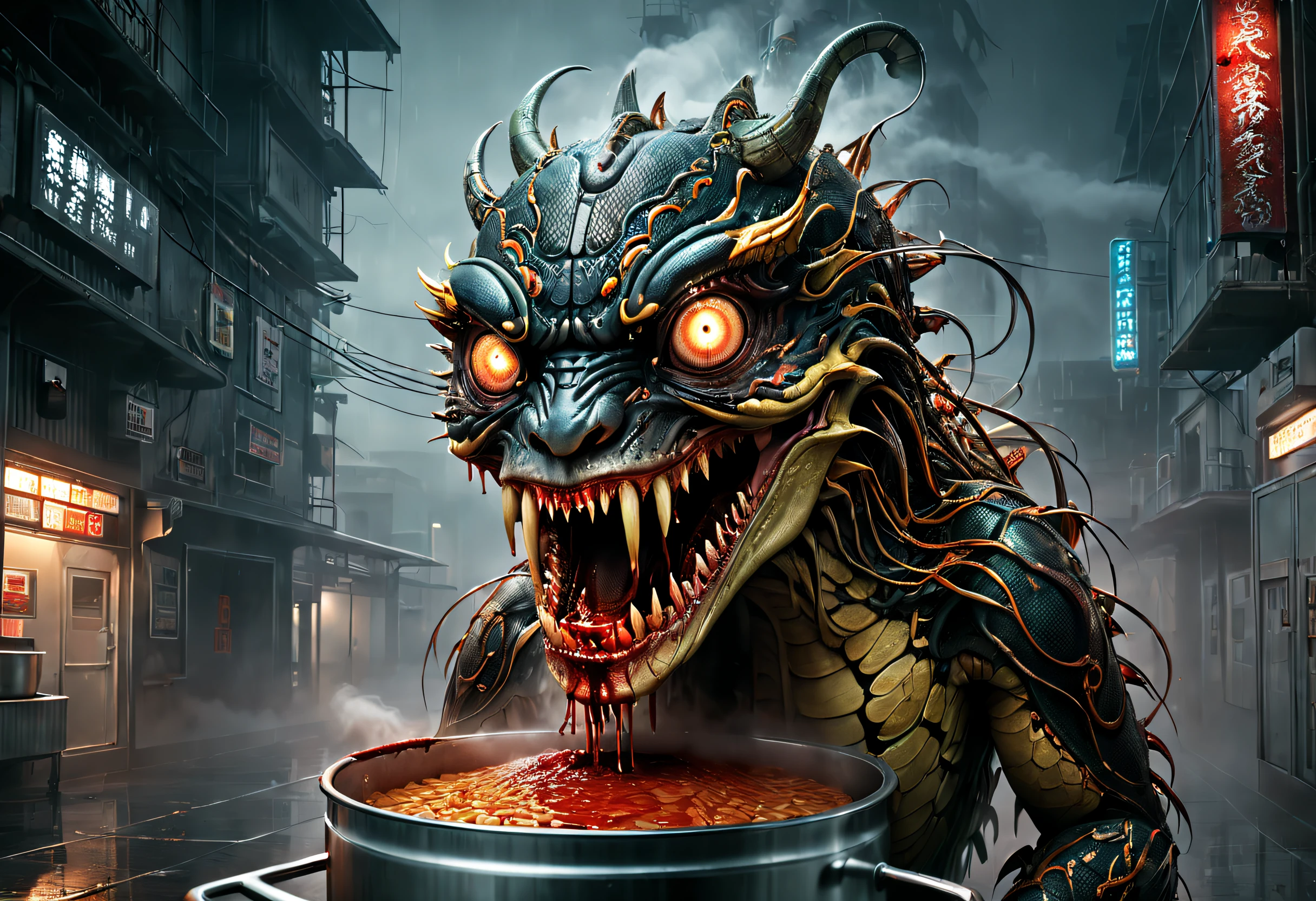 dennis ruston style,Very unified CG,(Sci-fi python monster double wall rice cooker),Complicated details,(Lots of blood),,
Background with:Kitchen wasteland on foggy night, sci fi art, Excellent,hyper realisitc,Absurd,thriller,
