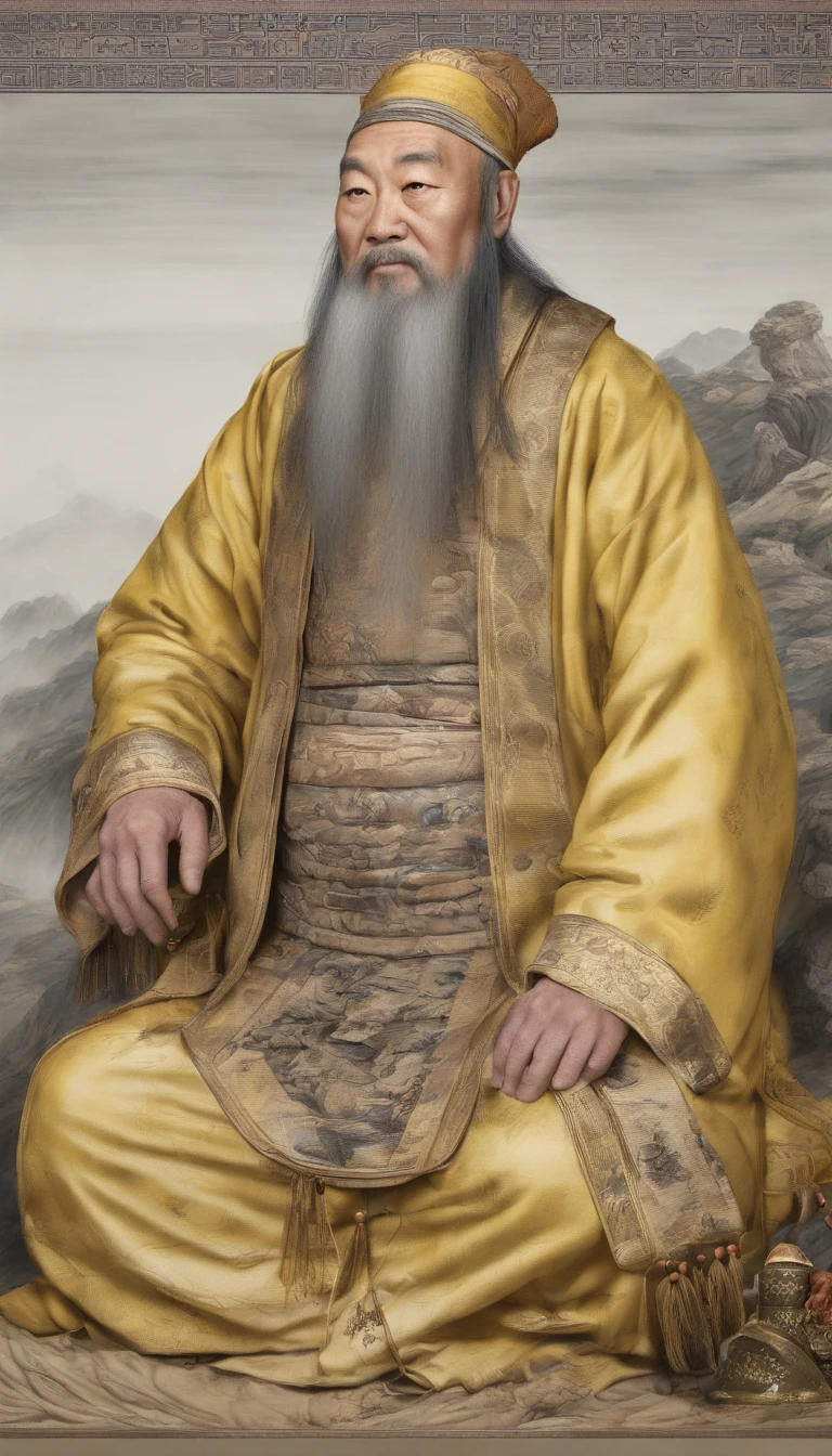 Old Man of the East,Frontal portrait of ancient Chinese figures(Portrait of Confucius 1.0),Audience visual inspection(facing at the camera),White haired man,hair-bun,no headwear,hair tying up。yellow clothing。solid color backdrop(Drawing paper texture 1.5)。hyper HD, retinas, tmasterpiece, Acura, Anatomically correct, Award-Awarded, high high quality, high detal, super detailing, ctextured skin, Best quality, A high resolution,k hd, 4K, 8K, 16k。