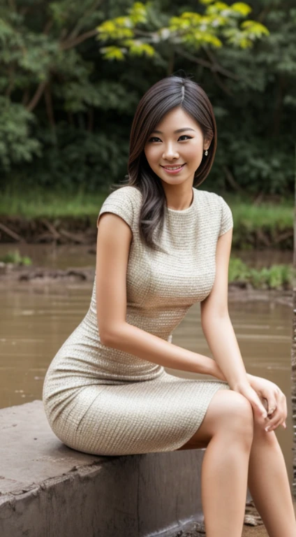 full body portrait, photorealistic, slender woman, gorgeous Asian face with elegant makeup, wearing textured pencil dress, [lovely smile], [sitting], [[watching mud fight]]