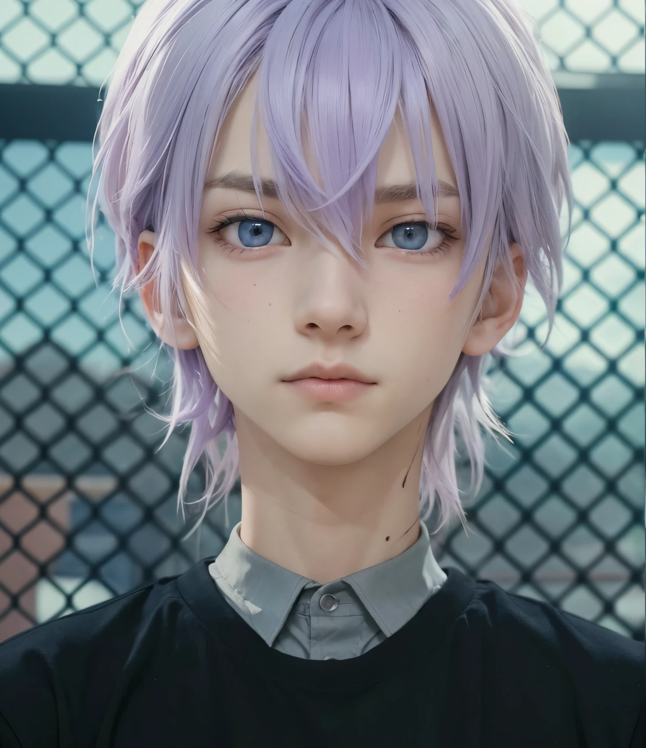 A  boy with realistic faded purple hair, (same realistic hairstyle), realistic handsome face, realistic cool expression, adapts equally realistic clothes,realistic light, realistic shadows, realistic background, good image quality, very good image results, 4k, ultra detailed, realistic