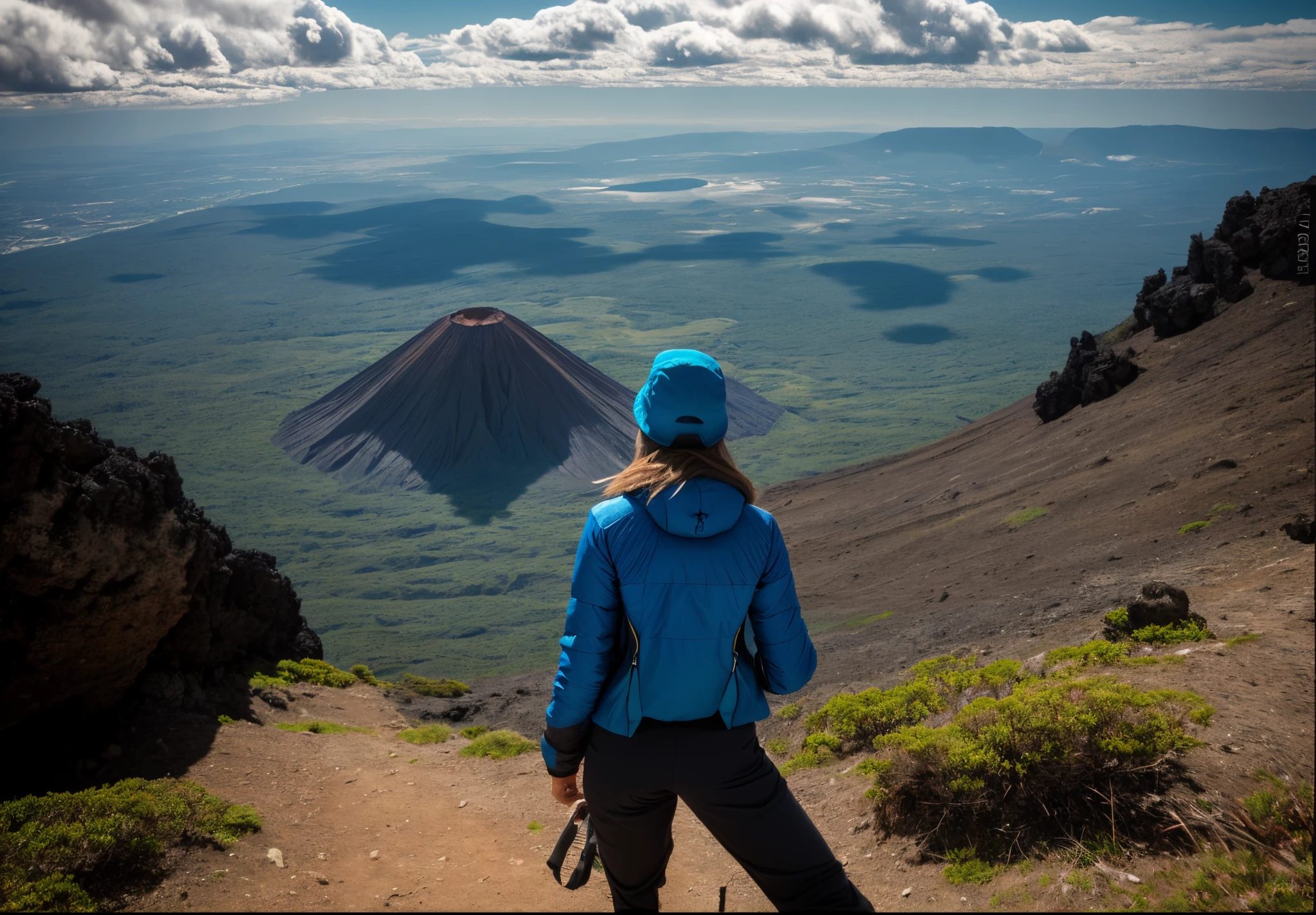 there is a woman standing on a mountain in a blue jacket, nas montanhas, nas montanhas, em um vale de montanha, in a Volcano, in volcano, Em um vale, roupas de caminhada, uma montanha parece uma mulher, edited not Photoshop, girl walking in a canyon, Moutain no fundo, in a scenic background, em frente a uma montanha, amidst nature