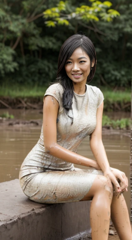 slender woman, ((gorgeous Asian face with elegant makeup)), wearing textured pencil dress, [lovely smile], [sitting], ((soaked)), ((mud fight)), ((messy mud stains)), ((smeared with mud)), (covered with mud), (covered in mud), covered in dirt, covered in filth, utterly muddied, muddy, sticky mud stains, (((smeared with thick black liquid mud))), wet mud, gooey mud, dark mud, (((mud splatters))), (doused with mud), (drenched with mud)