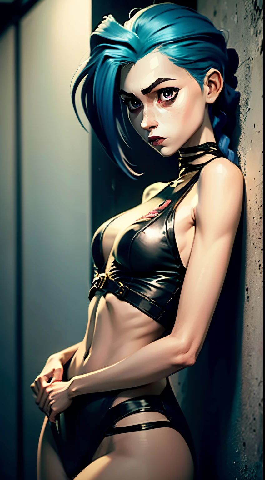 Dark room, adult girl, glow in the dark paint on the walls, drawings on the walls, Arcane style, Arcane's Jinx (character design 1.1.), Very detailed. Anime style, The secret of animation, gloomy composition, The Gloomy Room, luminescent paint on the walls, drawings on the walls, gloomy atmosphere, glowing pink eyes (highly detailed glowing pink eyes, pink pupils 1.1), Pink pupils, very detailed eyes, Beautiful figure, a 1girl, Beautiful figure (Proper Anatopy 1.1.), in full height (Body Full 1.1), Slender figure, shapely legs, Blue hair, hairlong, Skinny black leather pants, Very detailed face, Very beautiful face, Very sexy ass, in full height (Body Full 1.1), small elastic breasts, Little ass, Beautiful slim figure, small buttocks, black tight suit, tmasterpiece,beste-Qualit,higly detailed,Visible to the feet, 8K resolution, High Sharp, higly detailed,a perfect face, detailed face and body, expressive look,Heightened sexuality,