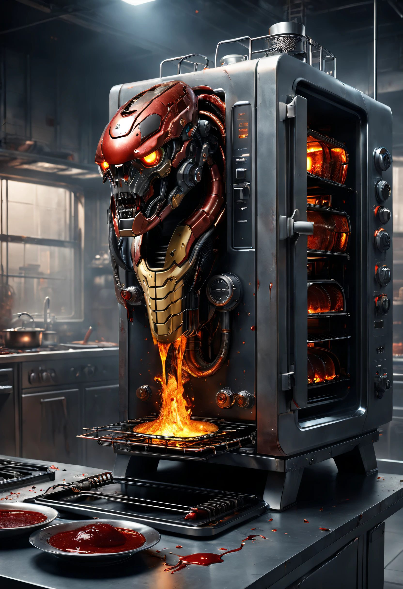 dennis ruston style，Creative product design，Very unified CG,（Mecha python electric oven），Complicated details，A lot of blood，
Background with：kitchen wasteland, sci fi art, ，Excellent，Excellent，hyper realisitc，Thriller，