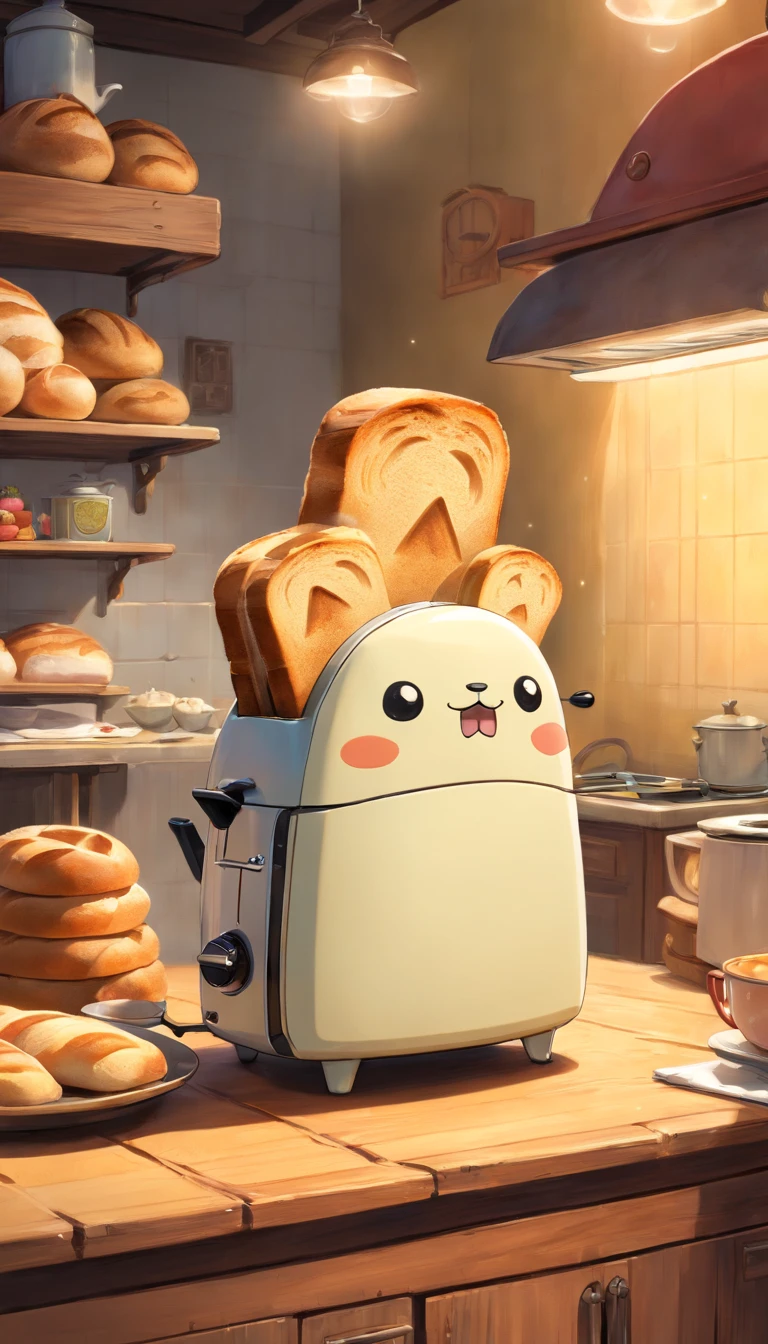 (masterpiece, best quality, ultra-detailed, 8k wallpaper, photorealistic), concept art, anthropomorpic bread toaster, a monstrous device, whimsical, menacing in the kitchen, cartoonish, vibrant