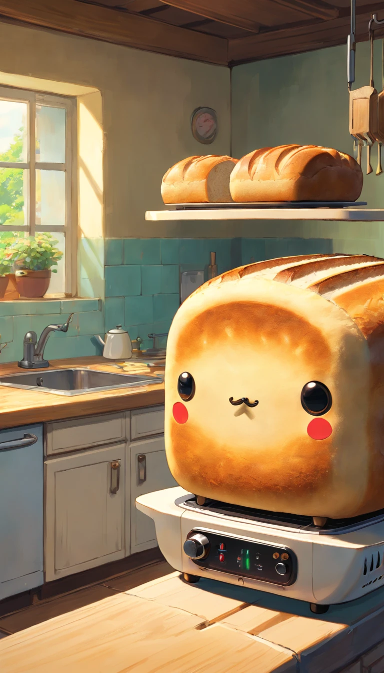 (masterpiece, best quality, ultra-detailed, 8k wallpaper, photorealistic), concept art, anthropomorpic bread toaster, a monstrous device, whimsical, menacing in the kitchen, cartoonish, vibrant