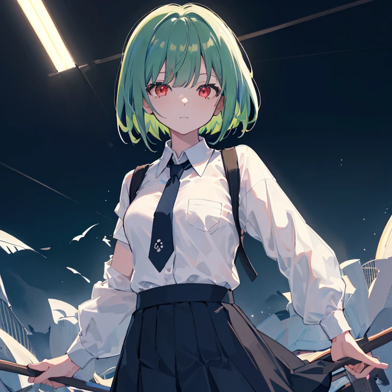 1girl in, 独奏, Lori, 小柄,(Night_skyporn), (very_Curta_Green_hair), Hairstyle Bob, (Red_Eyes), Medium_breasts, (white_Shirt:1.5), (windbreaker), (portlate), blazing_Eyes, The background is transparent, ((masterpiece)), (Hi-Res), (best_quality), (highly_Detailed), (Original),(Very detailed 8k wallpaper),cinematlic lighting, Volume Lighting, light Particle, Shaded_Face, Beautiful_Detailed_Eyes, Depth_In the_field、point of view、The shirt、skirt dark blue,neck tie