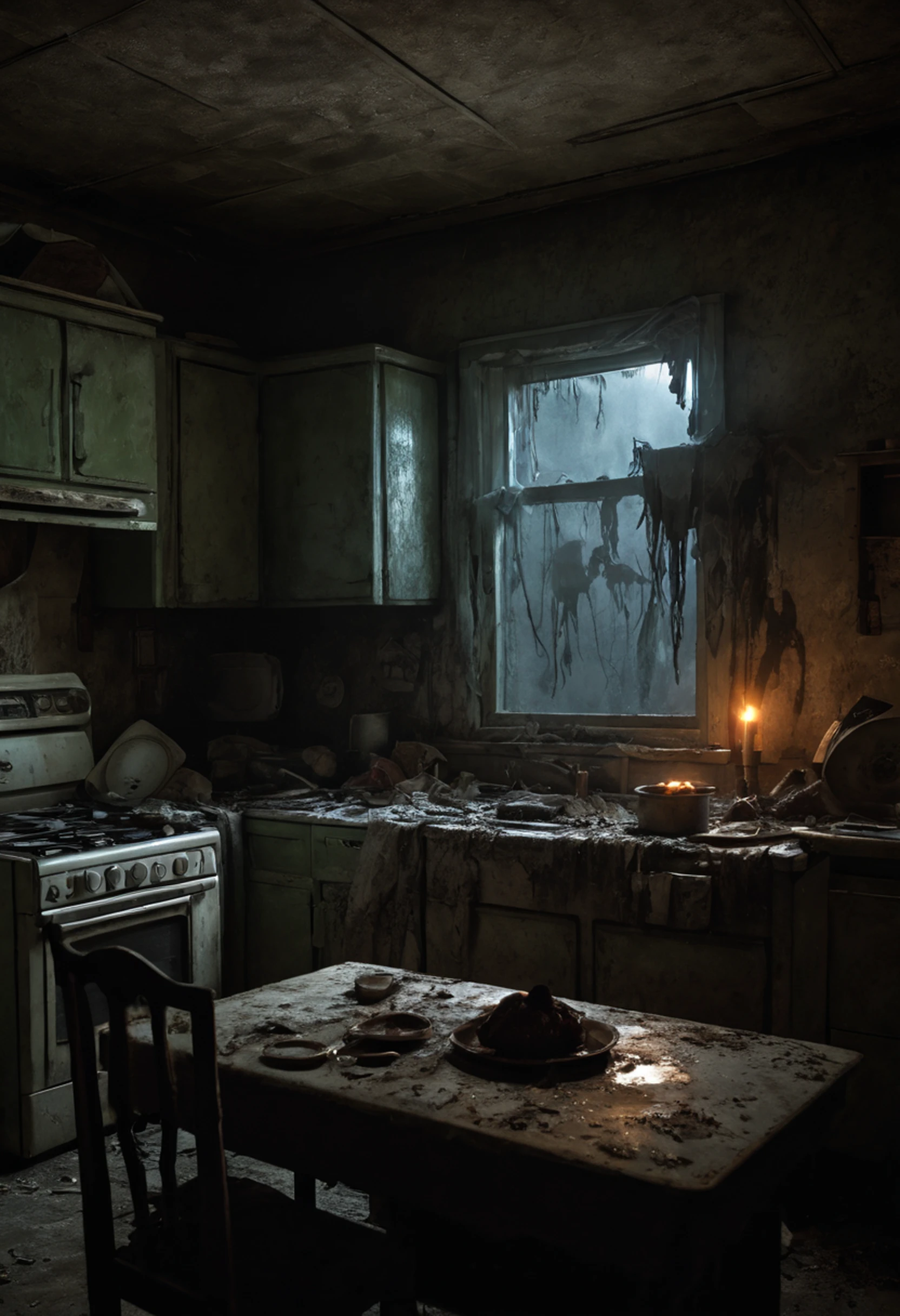 In a decrepit and abandoned kitchen, a collection of spooky, dilapidated appliances exude an eerie aura, their surfaces covered in a thick layer of dust and cobwebs. Meanwhile, at the dinner table, a group of zombies, their tattered clothing and vacant stares adding to the macabre scene, feast upon a ghastly meal. The flickering light from a lone candle casts haunting shadows across the room, adding to the spine-chilling atmosphere. The dynamic structure is evident as the spooky kitchen appliances and the zombies interact with the scene, creating a truly unsettling and hair-raising tableau that evokes a sense of dread and horror.