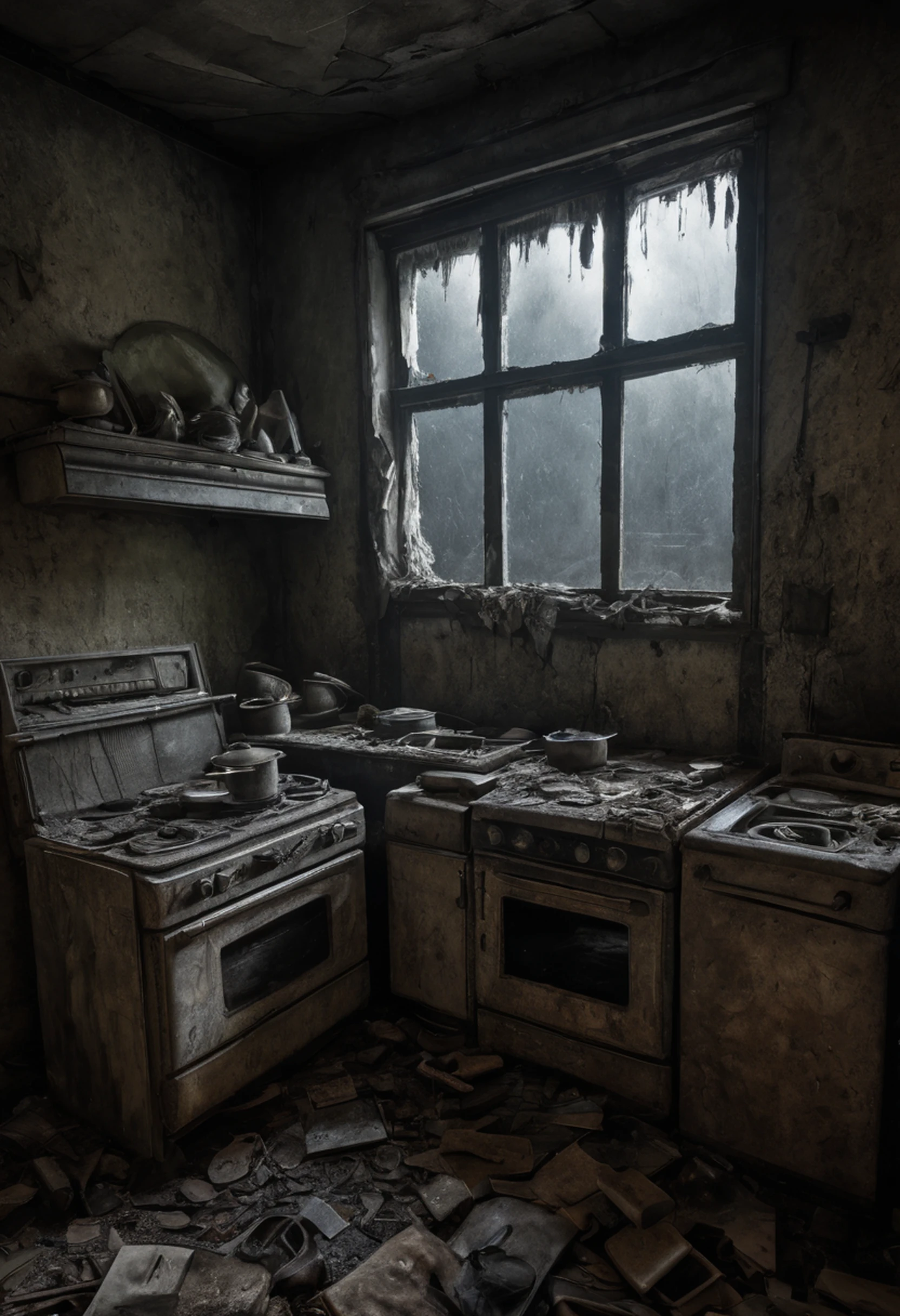 In a desolate, post-apocalyptic world, a haunting sight unfolds in a derelict kitchen. The once-familiar appliances now stand as eerie relics of the past, their surfaces tarnished and rusted, emitting an unsettling aura. Amidst the remnants of civilization, the kitchen remains frozen in time, a chilling reminder of what once was. The dynamic structure is evident as the spooky kitchen appliances interact with the scene, contributing to the haunting and desolate ambiance of the post-apocalyptic setting, creating a vivid and evocative portrayal of a world forever changed.