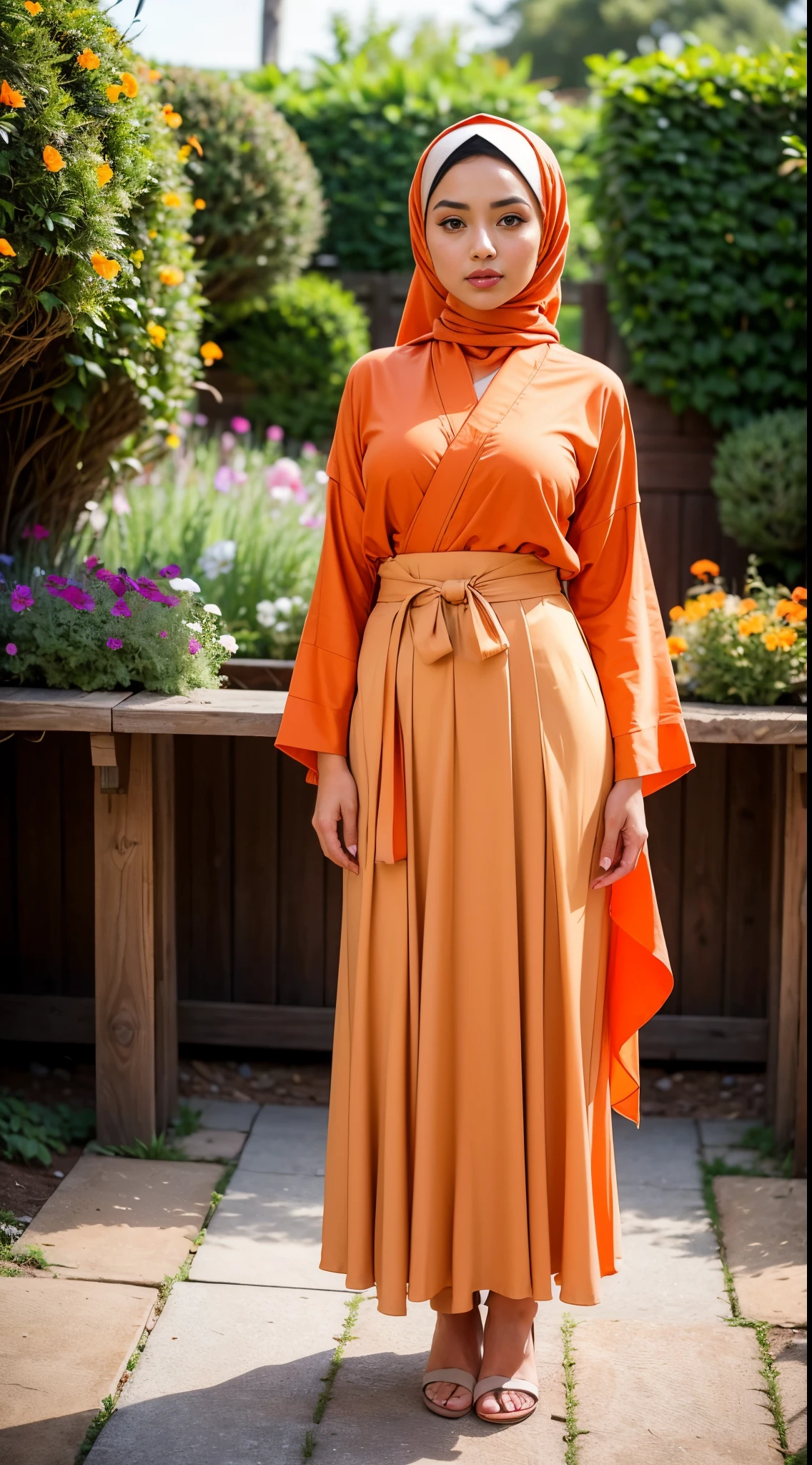 RAW, Best quality, high resolution, masterpiece: 1.3), beautiful Malay woman in hijab (iu:0.8),perfect face, perfect lips, perfect eyes,,( big breasts),woman in white shirt and gray skirt, long skirt, orange shirt and orange skirt, pleated skirt, orange and orange plizket, transparent orange skirt, wearing a fluent long skirt, full body image detail, orange skirt orange, wearing long flowing cloth, layered clothes, wearing floral chiton, hakama kimono, greyish, background in the flower garden illuminated by the soft light of the morning sun. Bokeh