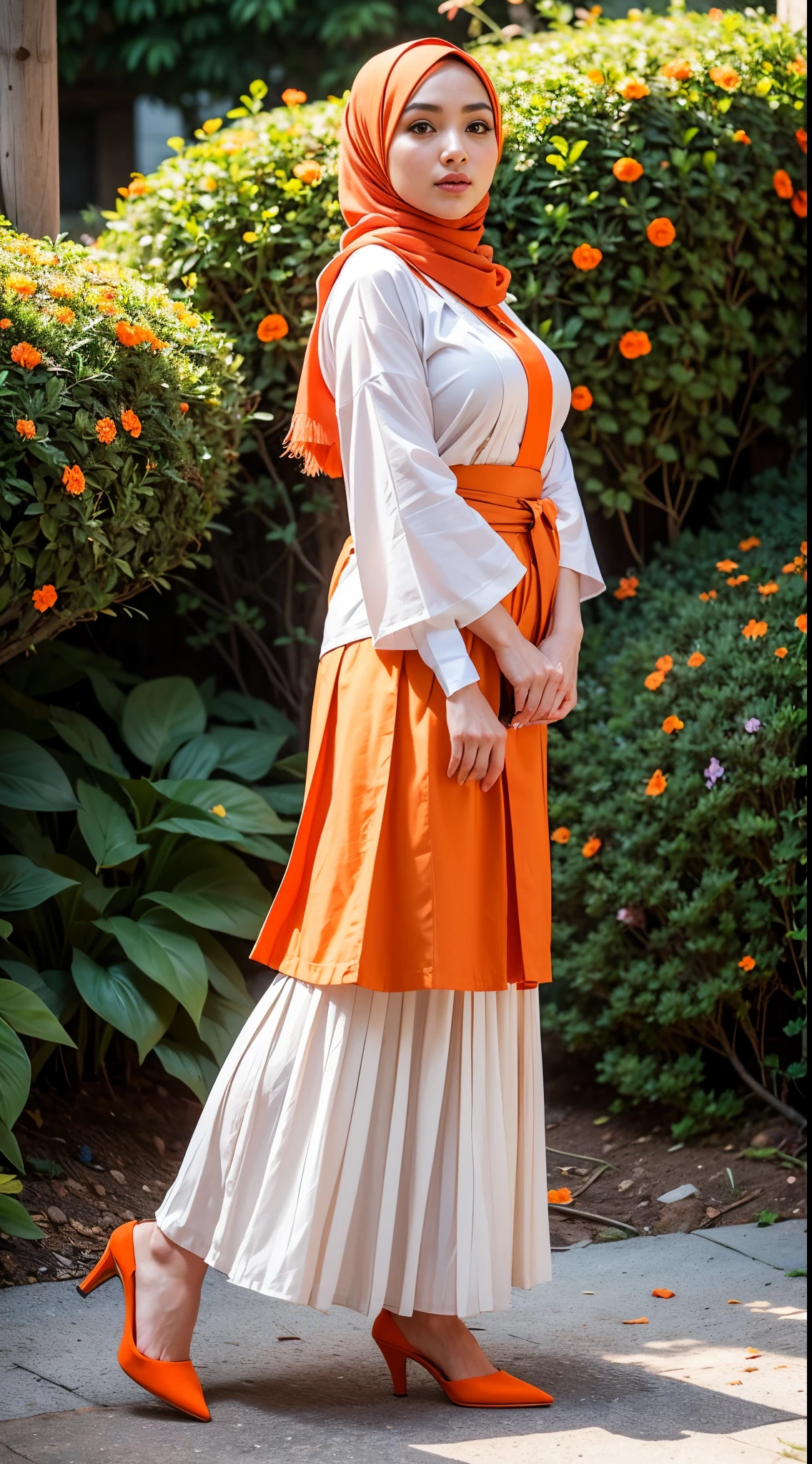 RAW, Best quality, high resolution, masterpiece: 1.3), beautiful Malay woman in hijab (iu:0.8),perfect face, perfect lips, perfect eyes,,( big breasts),woman in white shirt and gray skirt, long skirt, orange shirt and orange skirt, pleated skirt, orange and orange plizket, transparent orange skirt, wearing a fluent long skirt, full body image detail, orange skirt orange, wearing long flowing cloth, layered clothes, wearing floral chiton, hakama kimono, greyish, background in the flower garden illuminated by the soft light of the morning sun. Bokeh